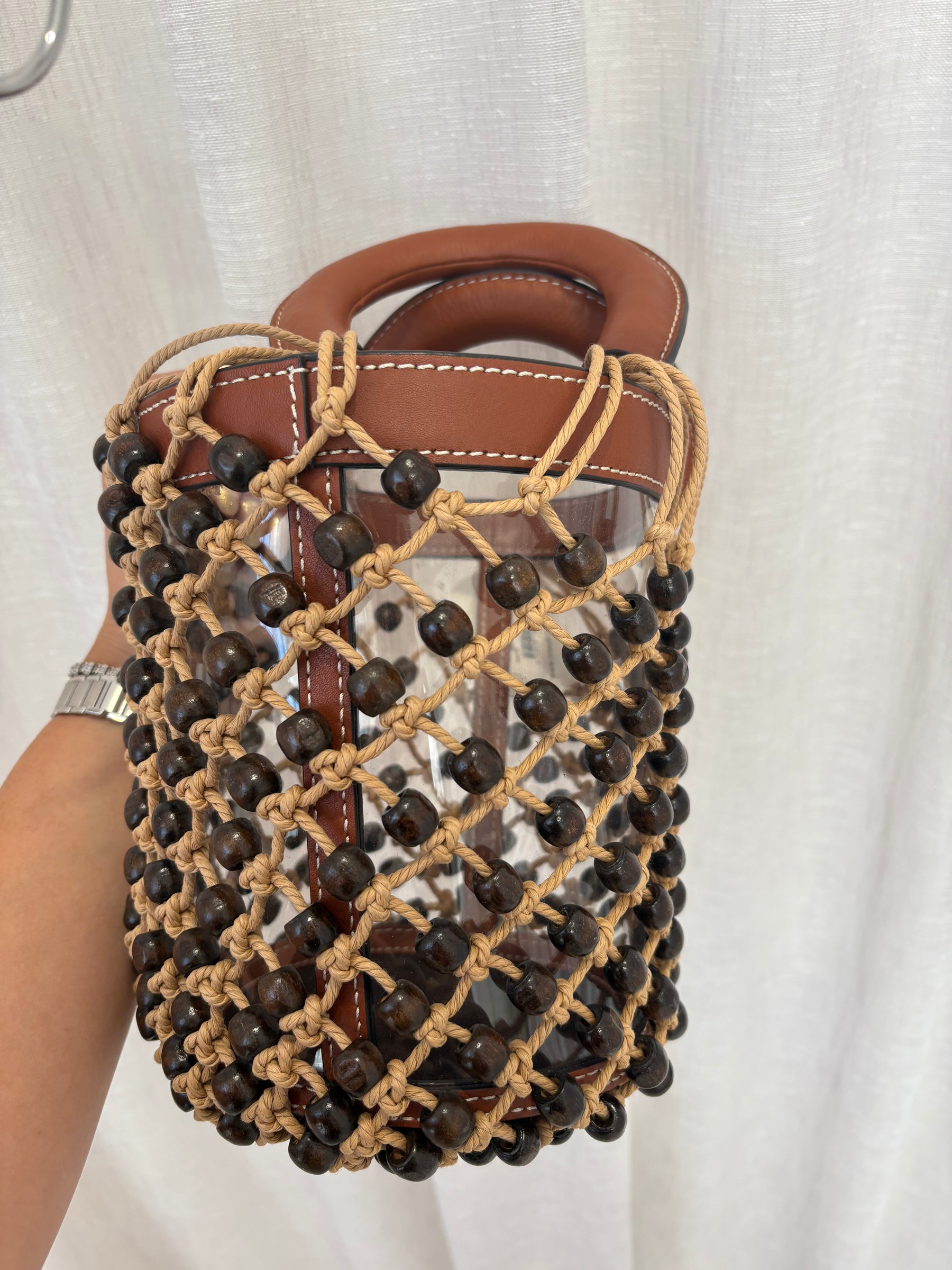 Staud Clear Beaded Moreau Bucket Bag Brown