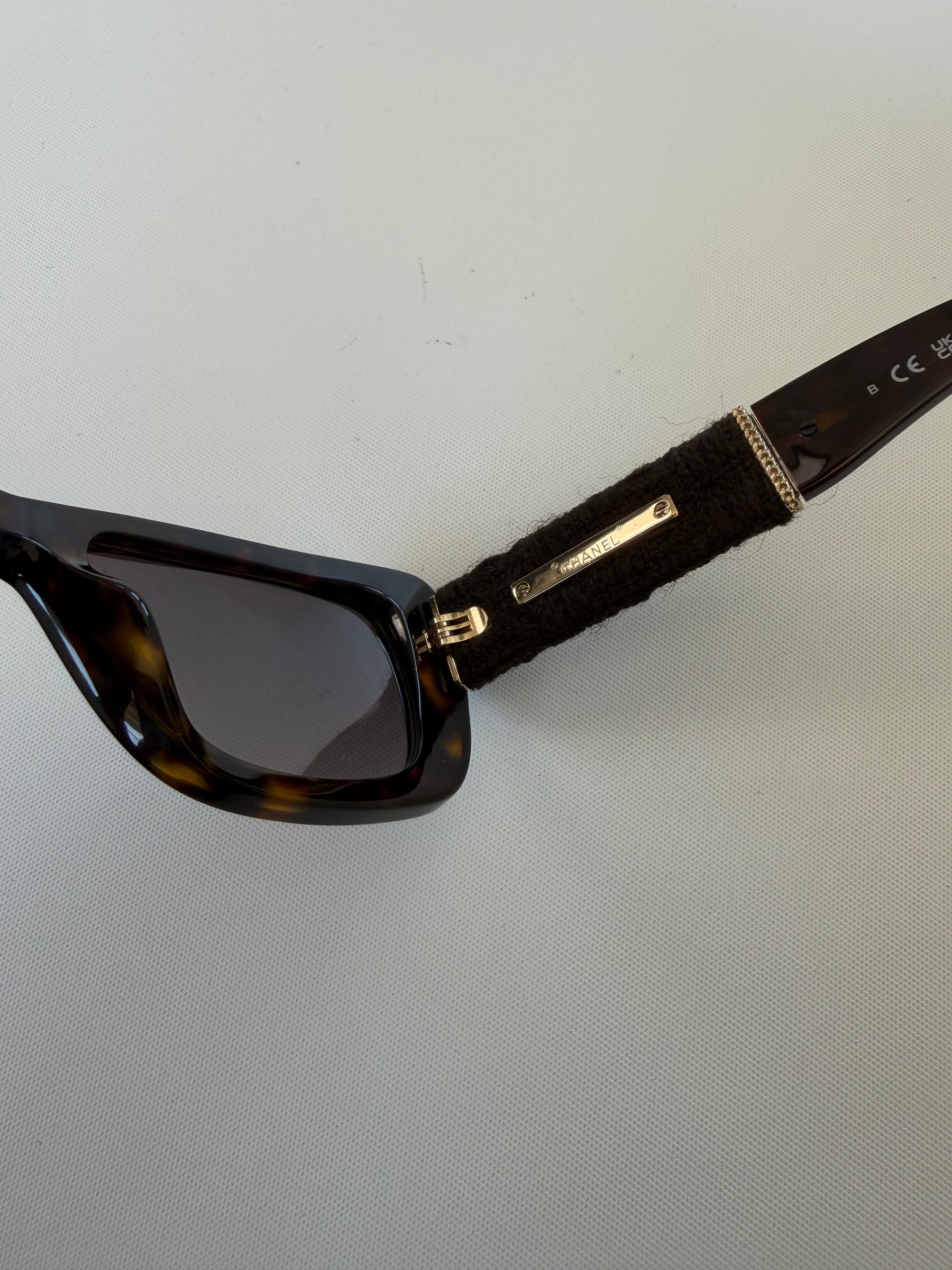 Chanel Dark Tortoiseshell Tweed Arm Sunglasses