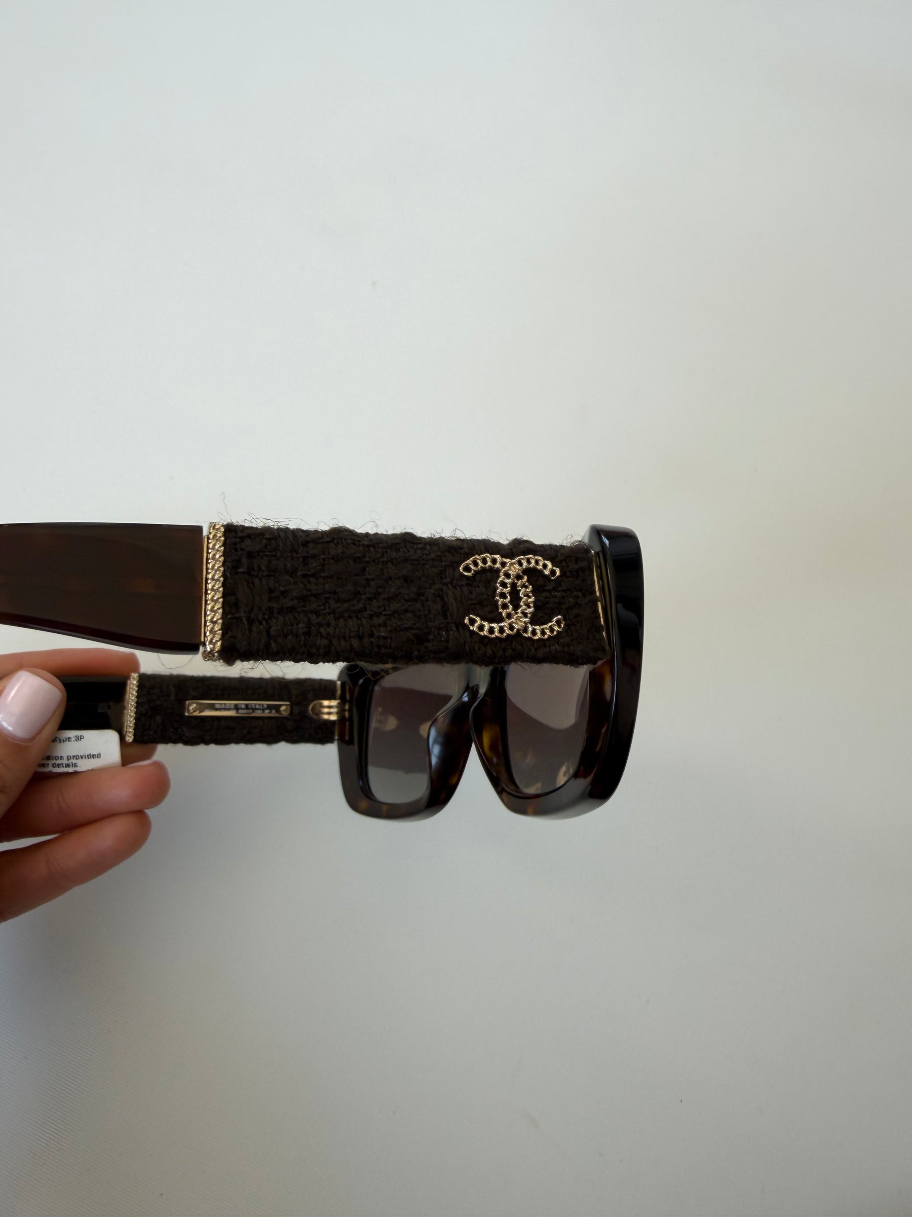 Chanel Dark Tortoiseshell Tweed Arm Sunglasses