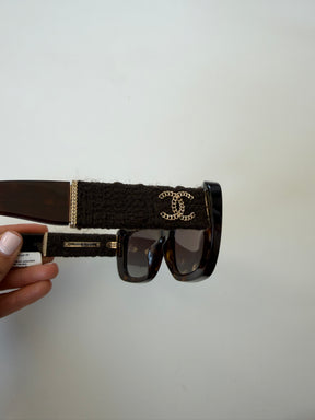 Chanel Dark Tortoiseshell Tweed Arm Sunglasses