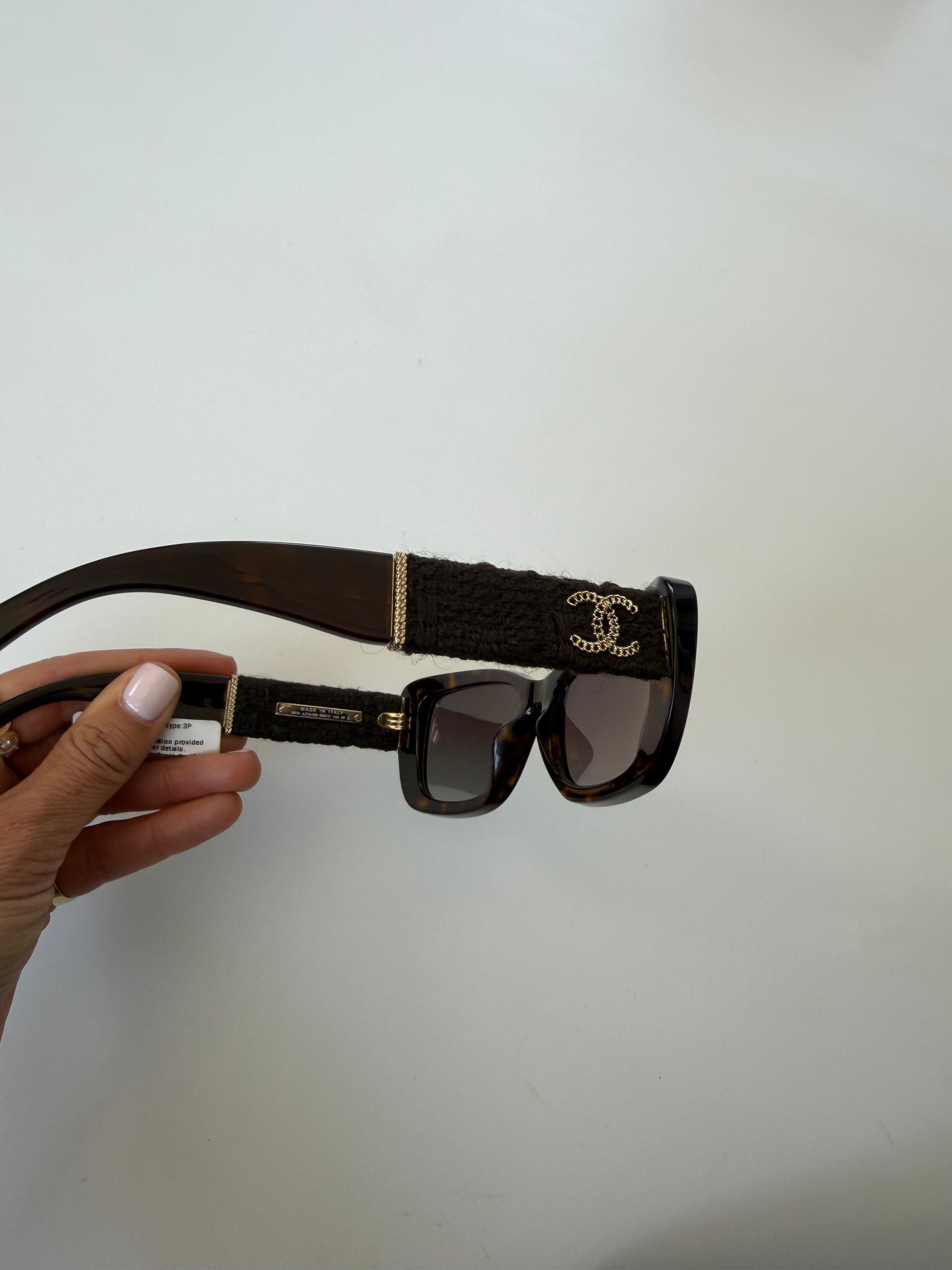 Chanel Dark Tortoiseshell Tweed Arm Sunglasses