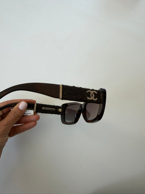 Chanel Dark Tortoiseshell Tweed Arm Sunglasses