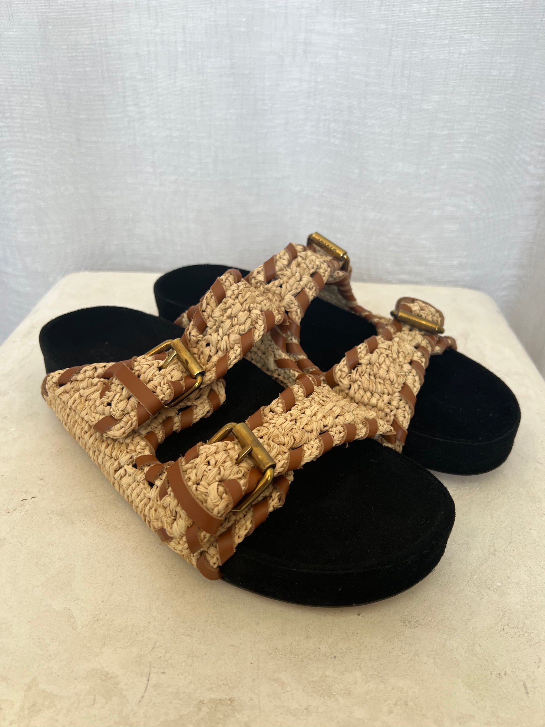 Isabel Marant Lennyo Leather Trimmed Woven Raffia Sandals, 40