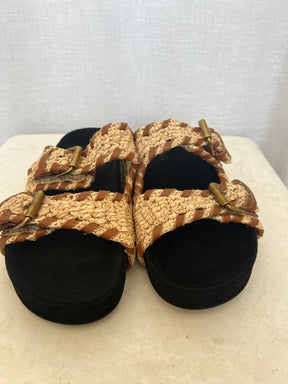 Isabel Marant Lennyo Leather Trimmed Woven Raffia Sandals, 40