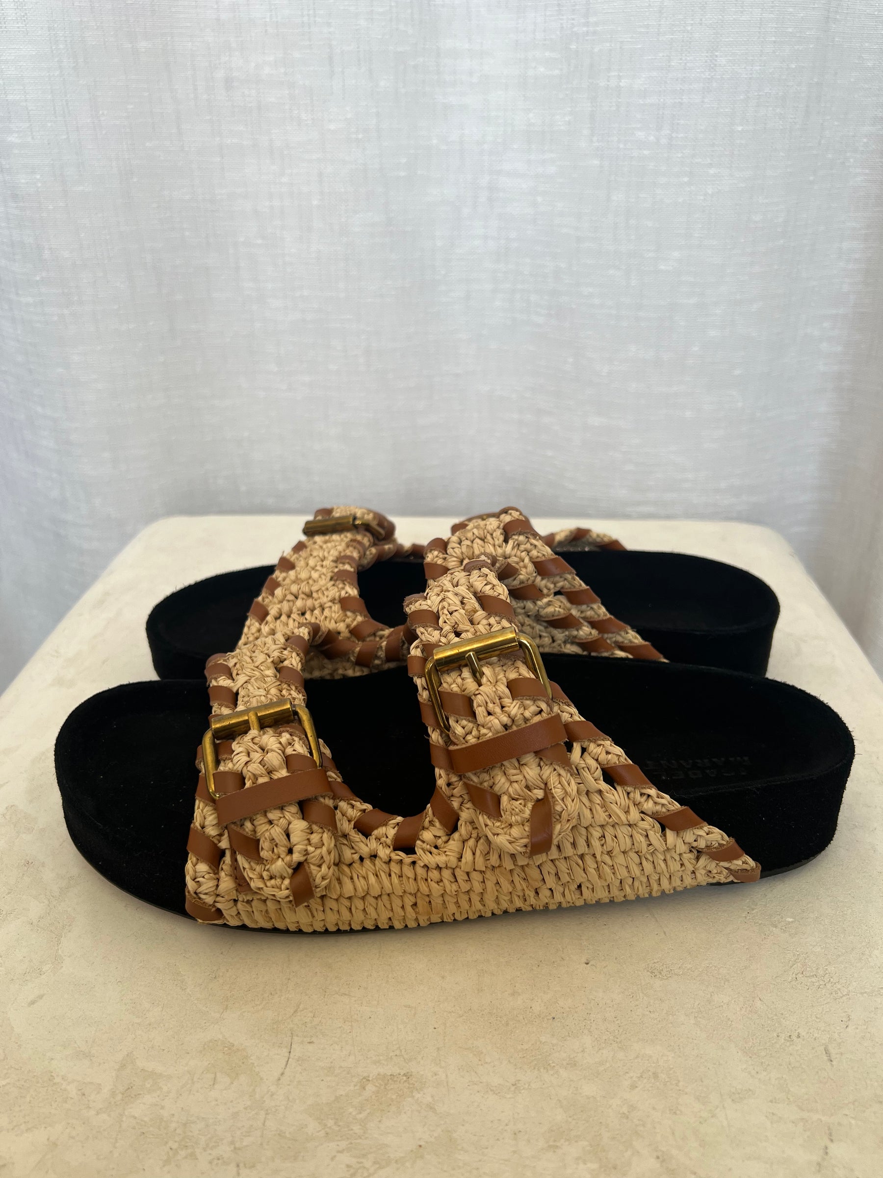 Isabel Marant Lennyo Leather Trimmed Woven Raffia Sandals, 40