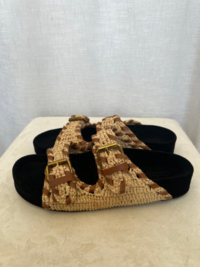 Isabel Marant Lennyo Leather Trimmed Woven Raffia Sandals, 40