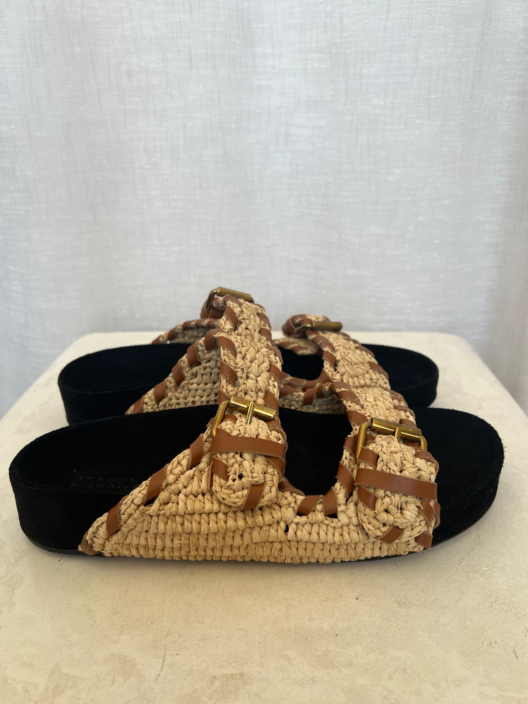 Isabel Marant Lennyo Leather Trimmed Woven Raffia Sandals, 40