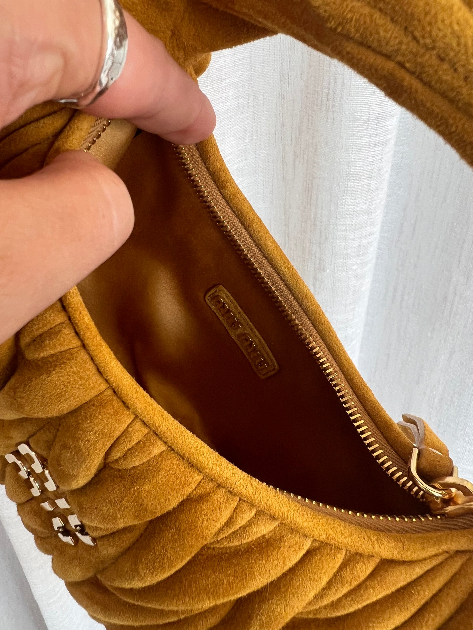 Miu Miu Mustard Matelasse Suede Wander Bag