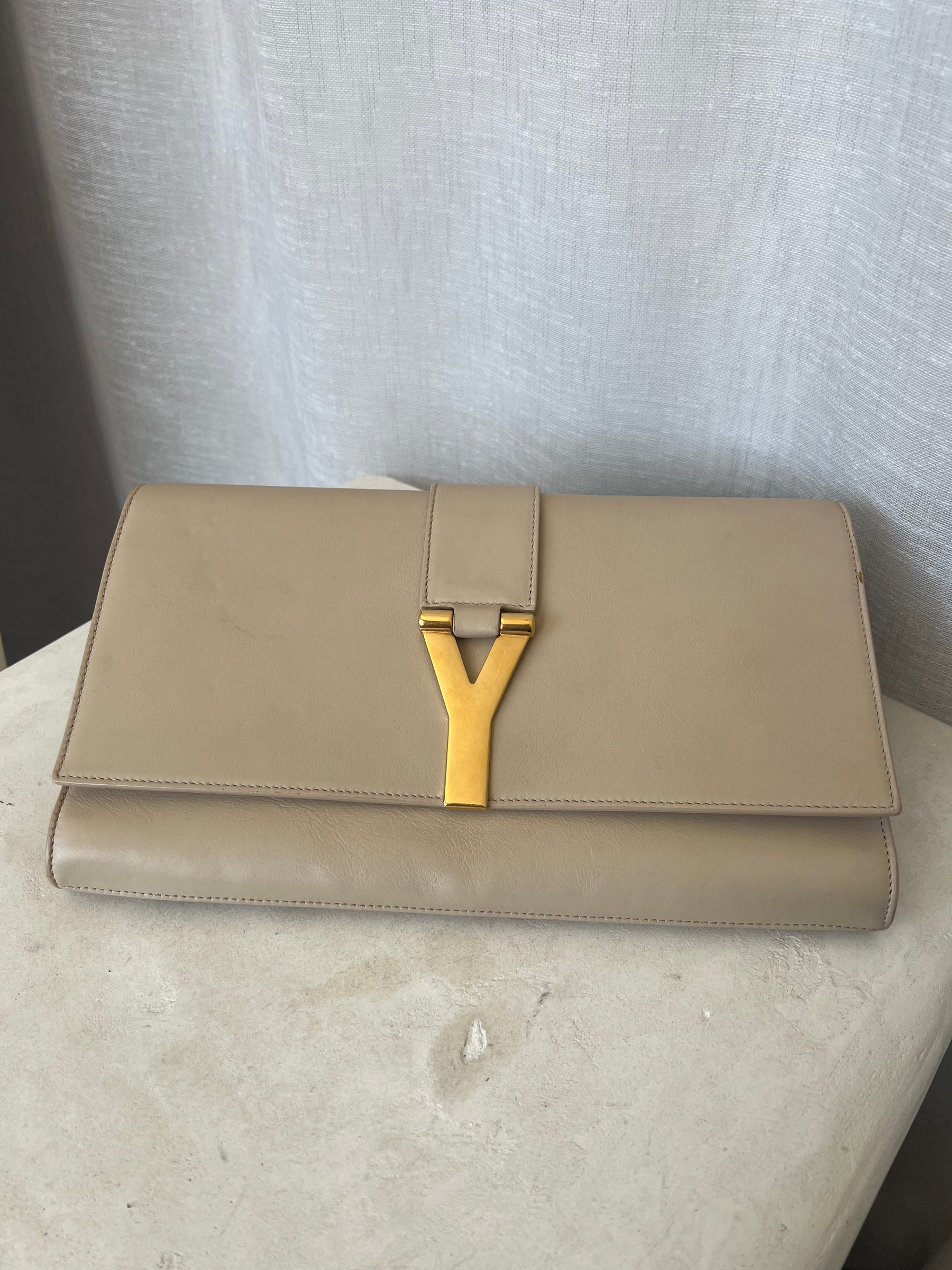 Saint Laurent Beige Leather Y Clutch