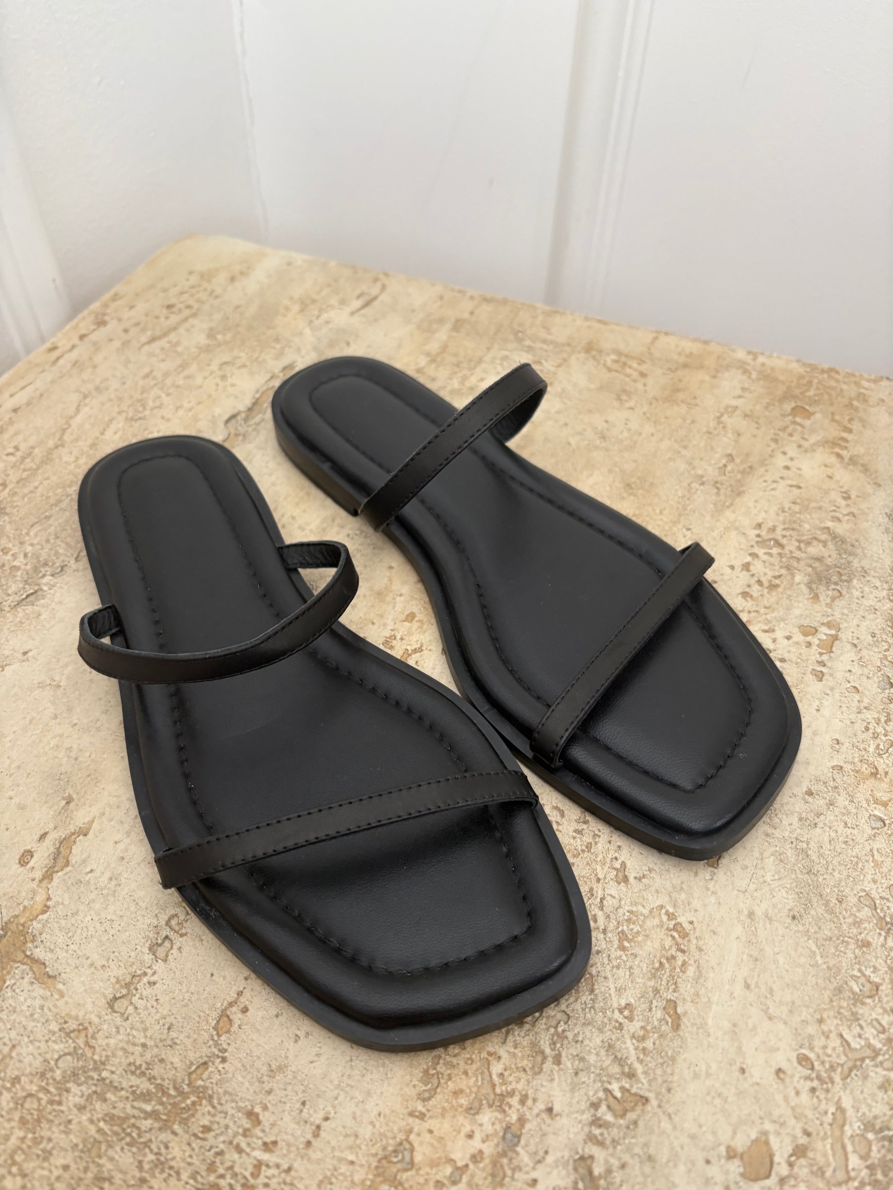 a.emery Black Leather Strappy Slides, 40