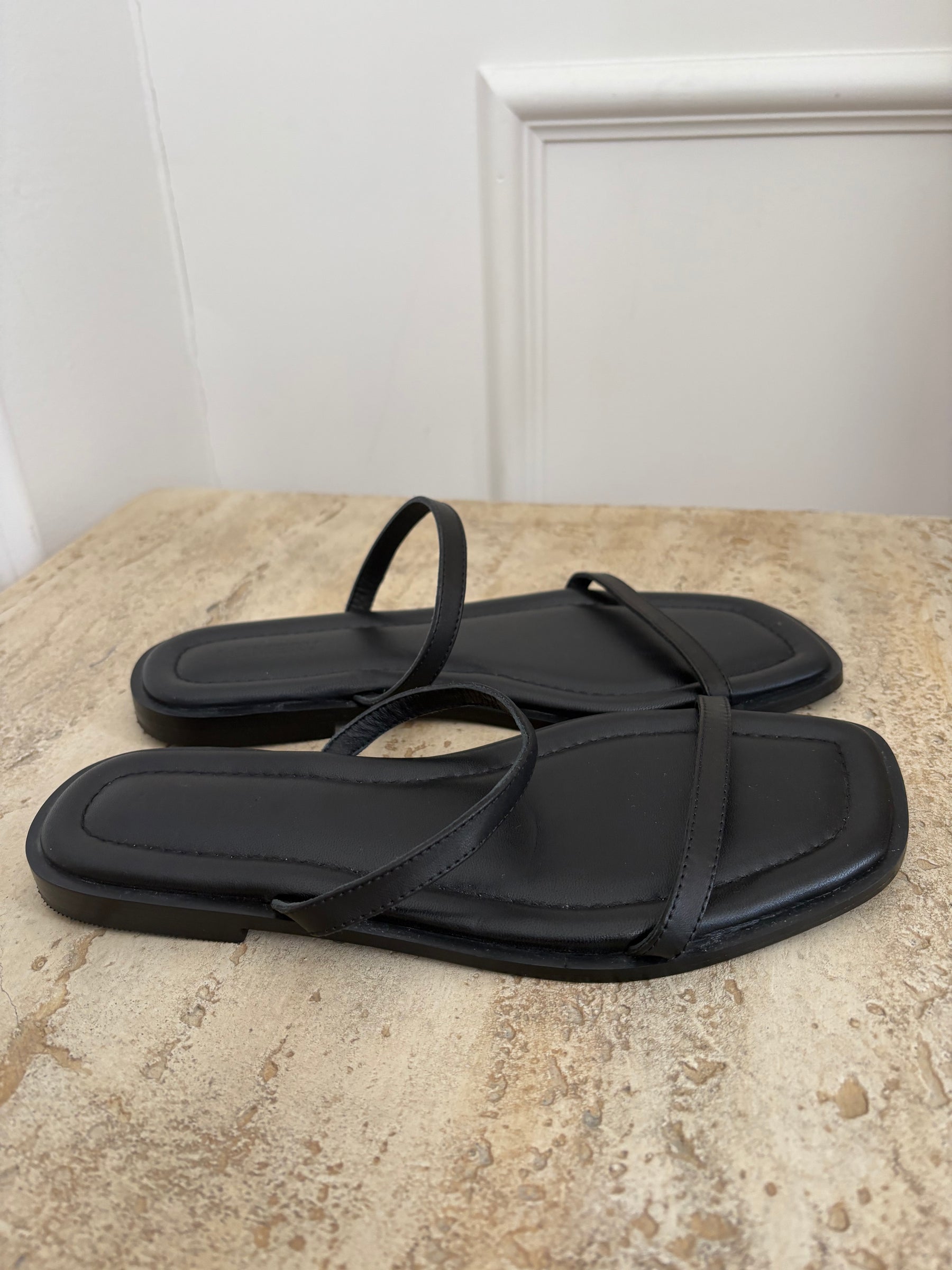 a.emery Black Leather Strappy Slides, 40