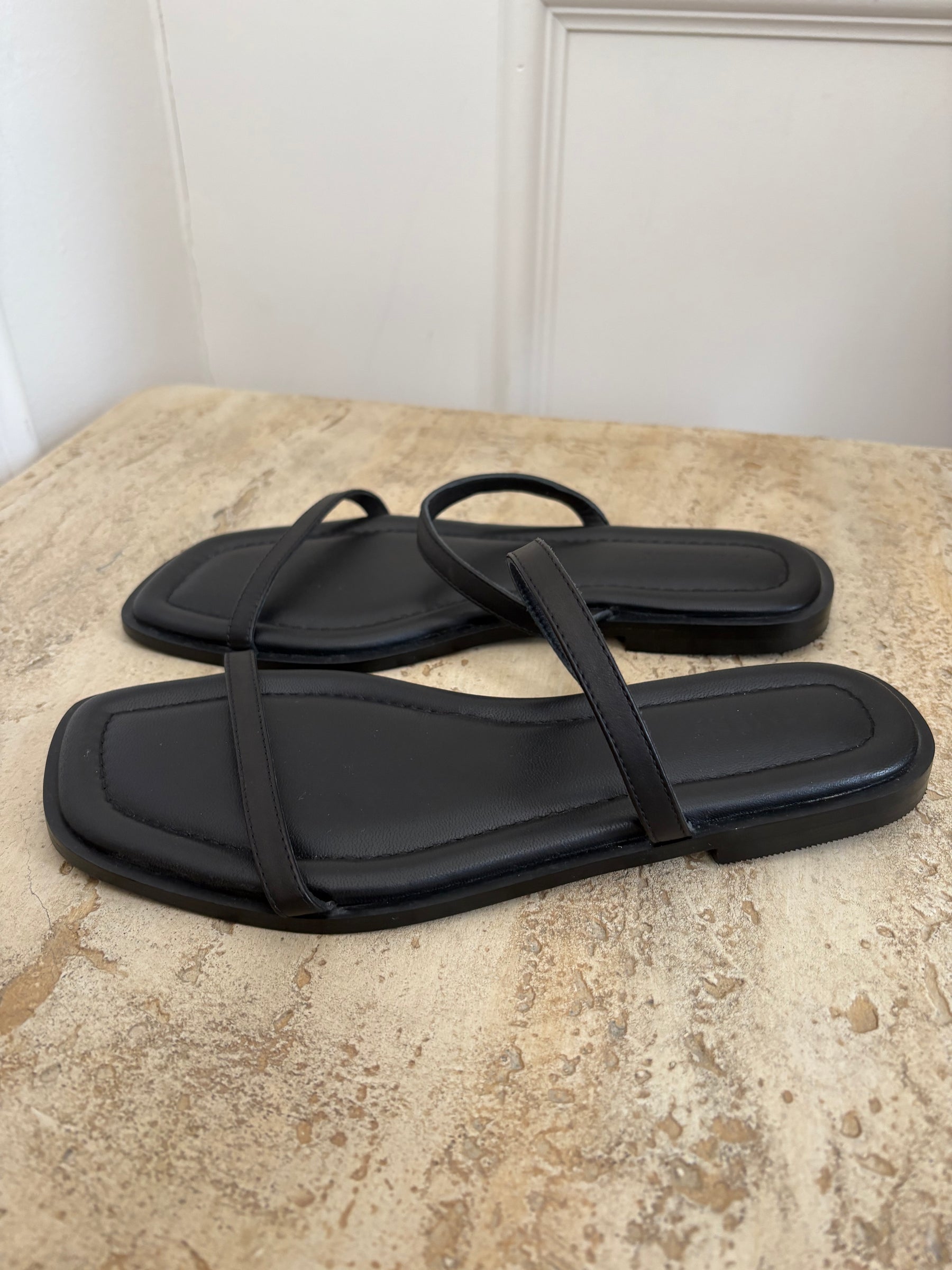 a.emery Black Leather Strappy Slides, 40