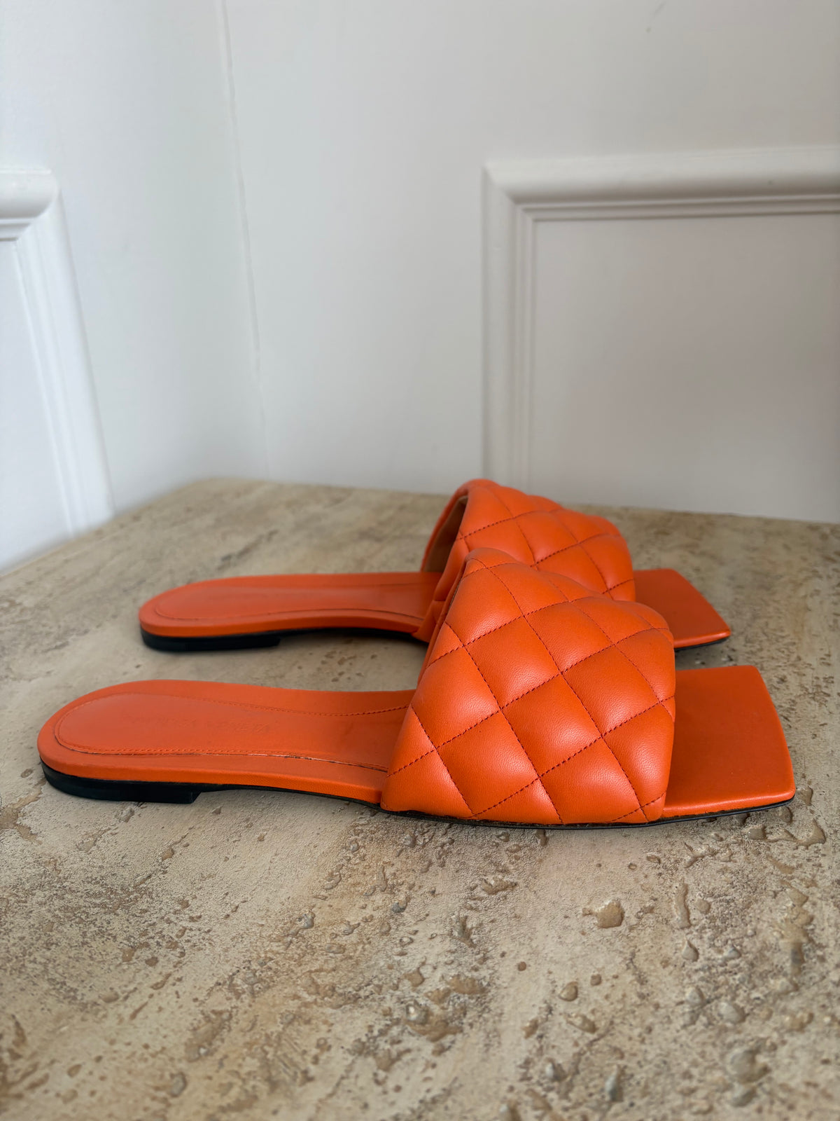 Bottega Veneta Orange Quilted Lido Slides, 41