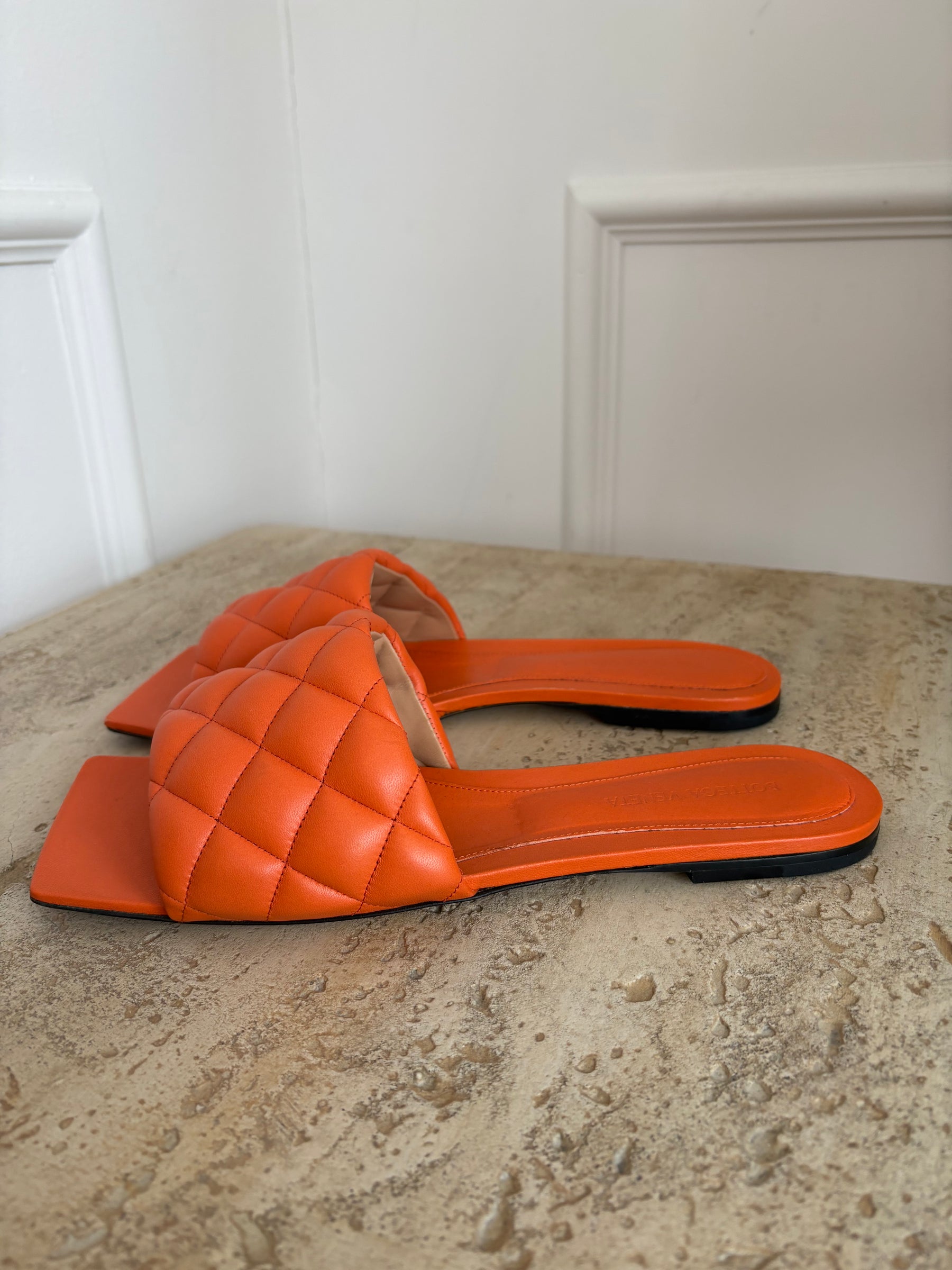 Bottega Veneta Orange Quilted Lido Slides, 41