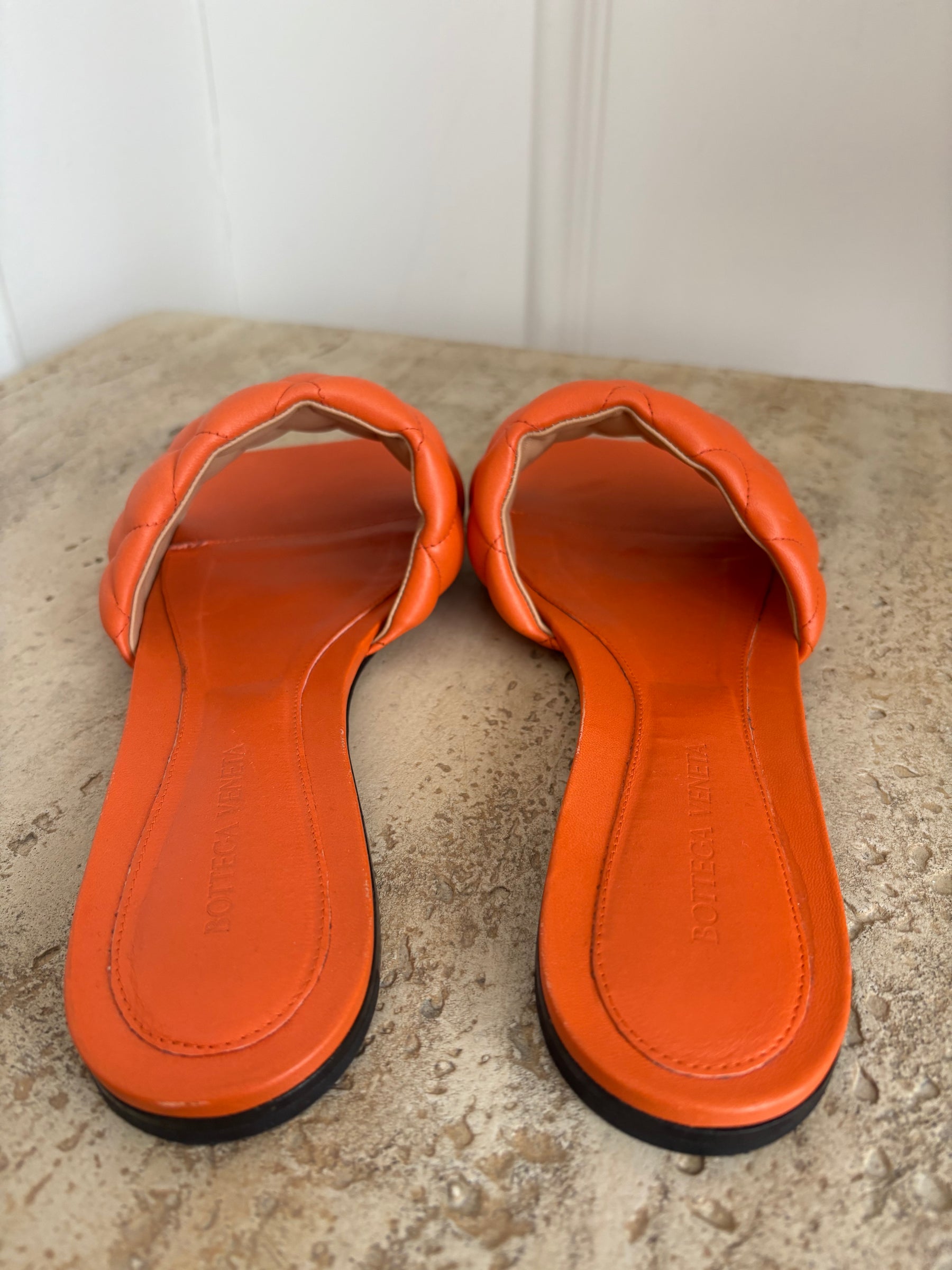 Bottega Veneta Orange Quilted Lido Slides, 41