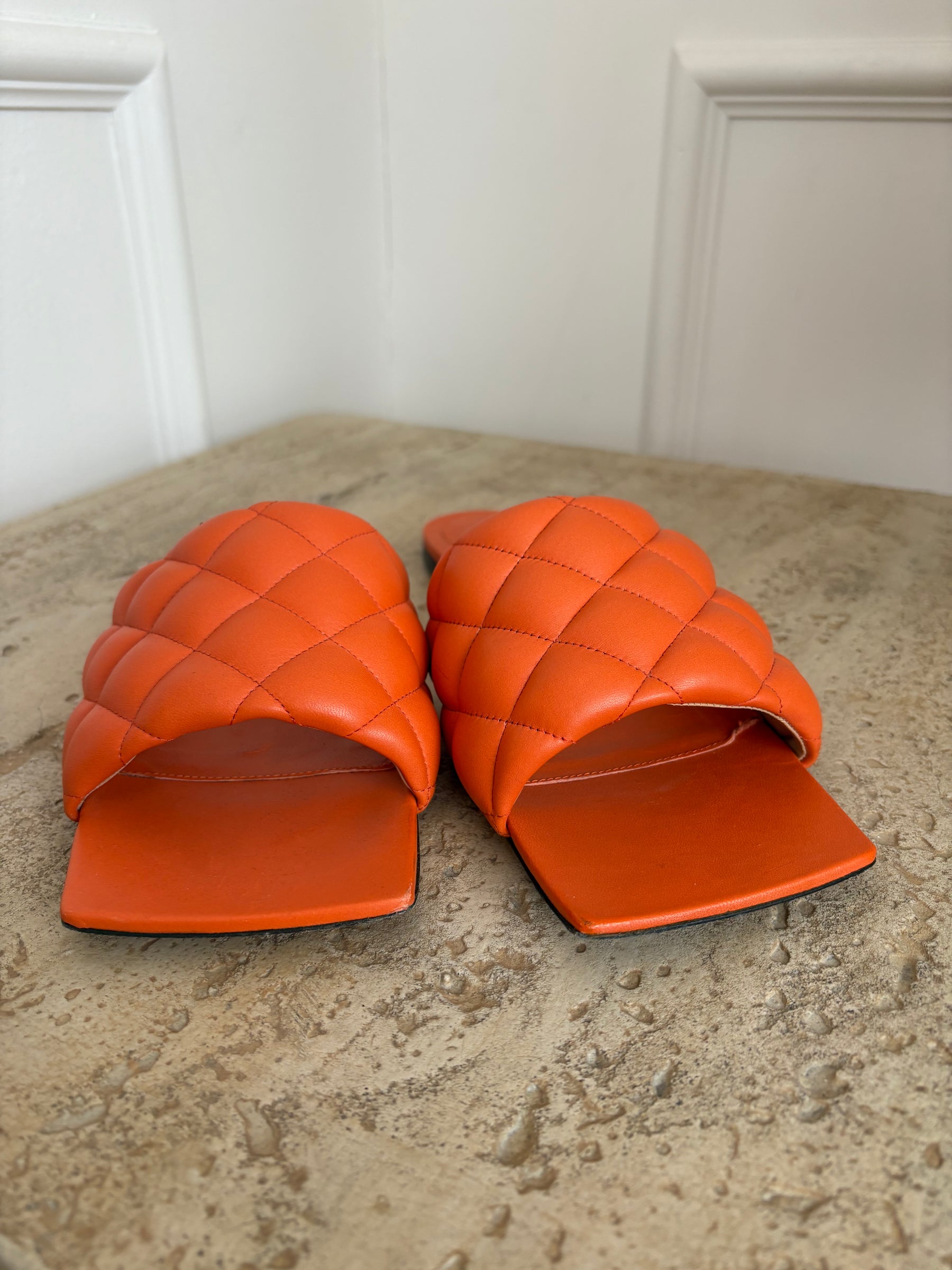 Bottega Veneta Orange Quilted Lido Slides, 41