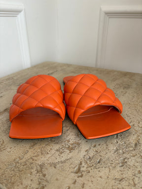 Bottega Veneta Orange Quilted Lido Slides, 41