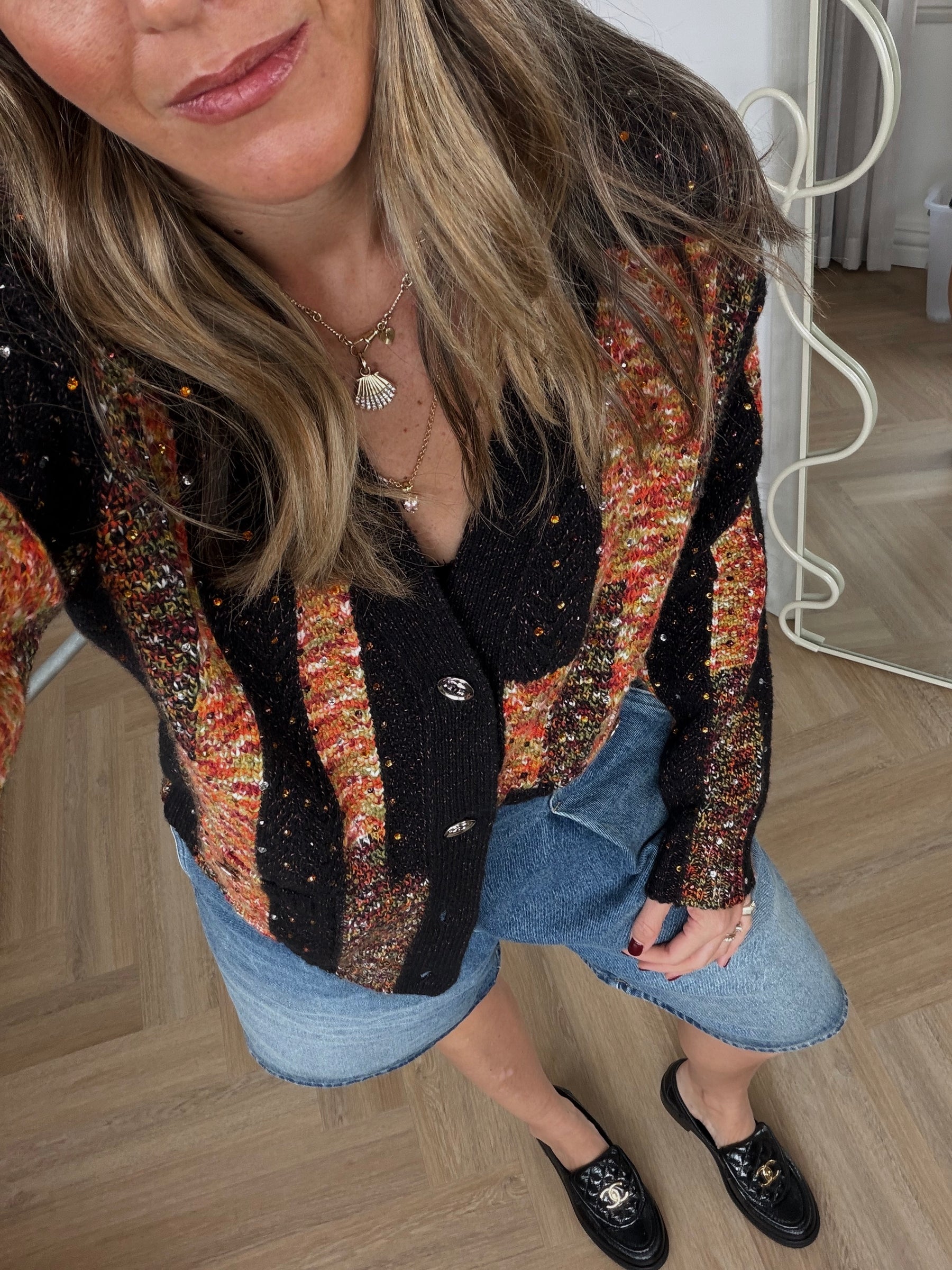 Chanel Black Orange Multi Crystal Wool Blend Cardigan, 34 FR