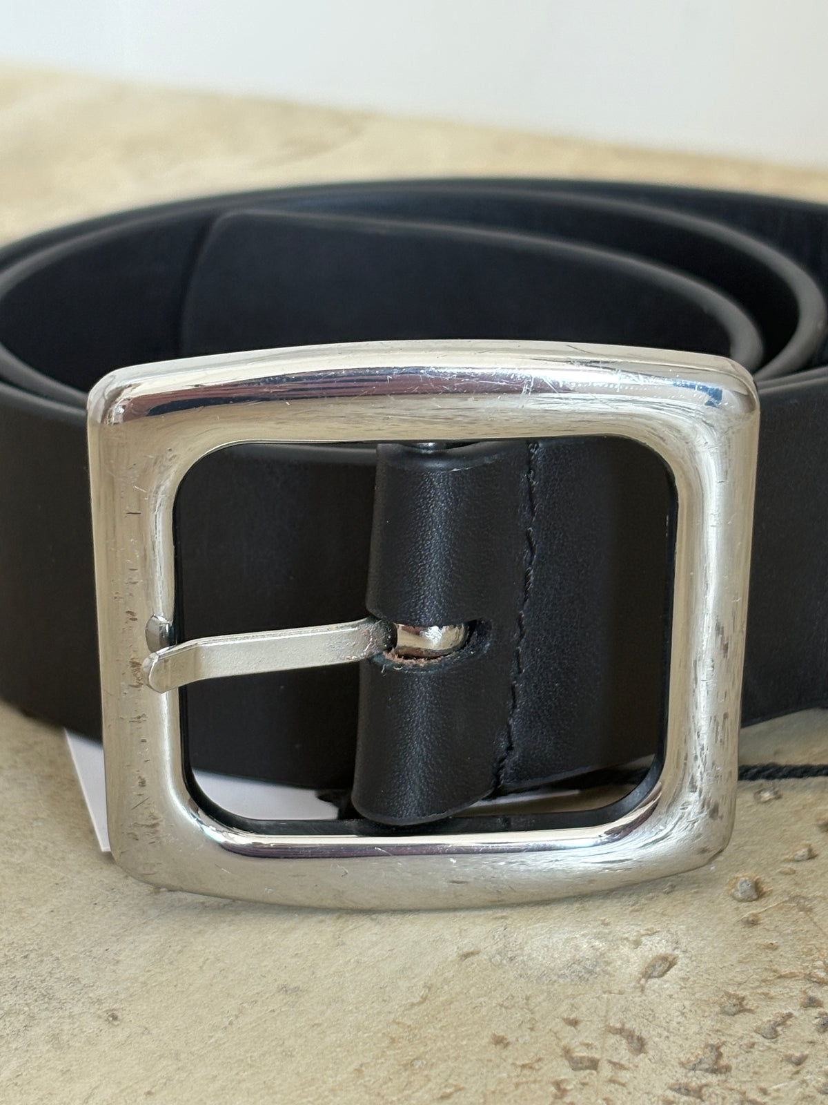 Matteau Black Leather Silver Buckle Boyfriend Belt, S