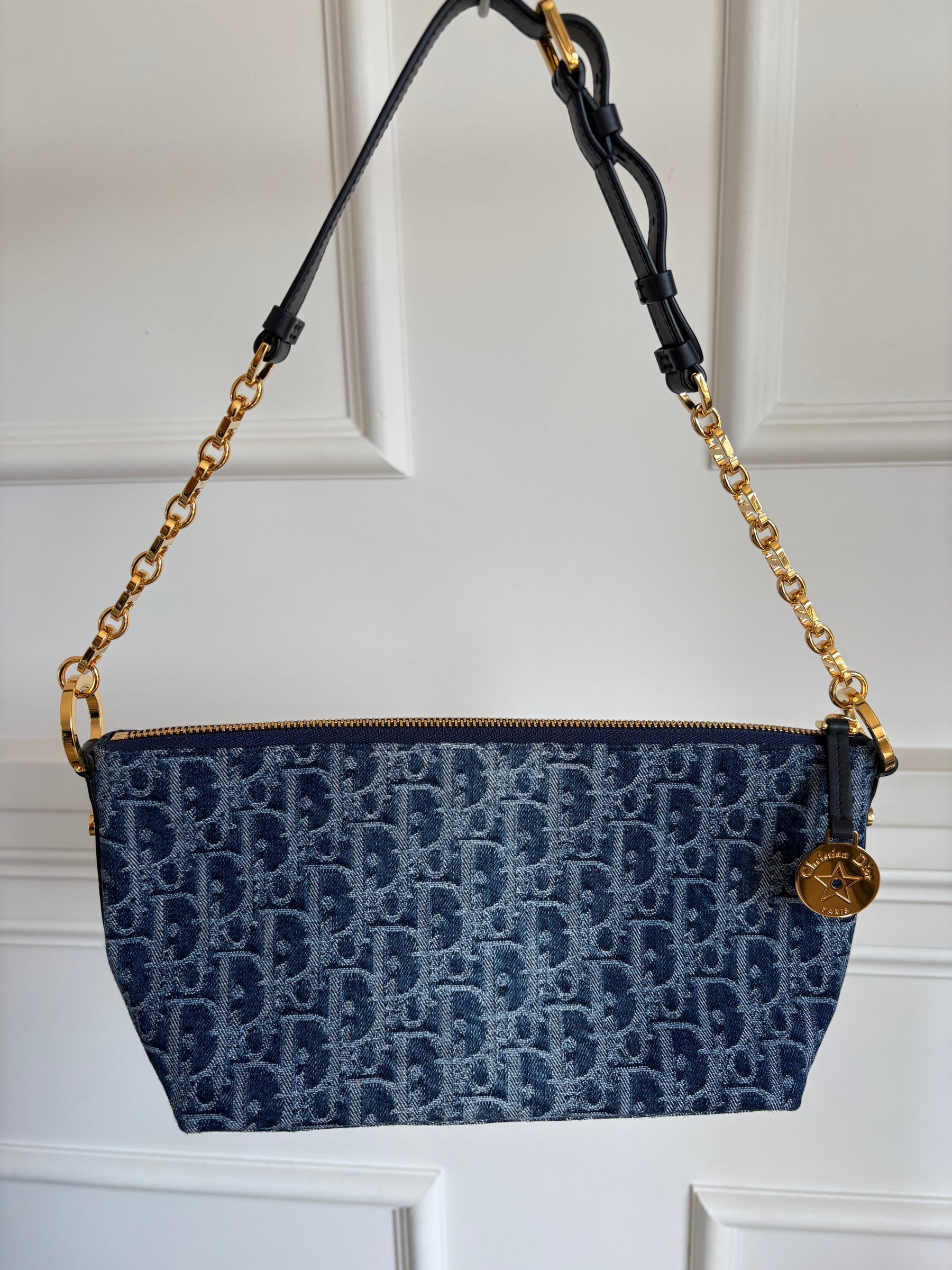Dior Blue Denim Oblique Print Diorstar Hobo Bag with Chain