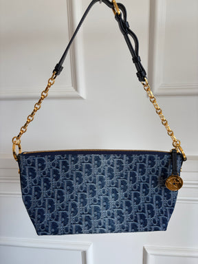 Dior Blue Denim Oblique Print Diorstar Hobo Bag with Chain