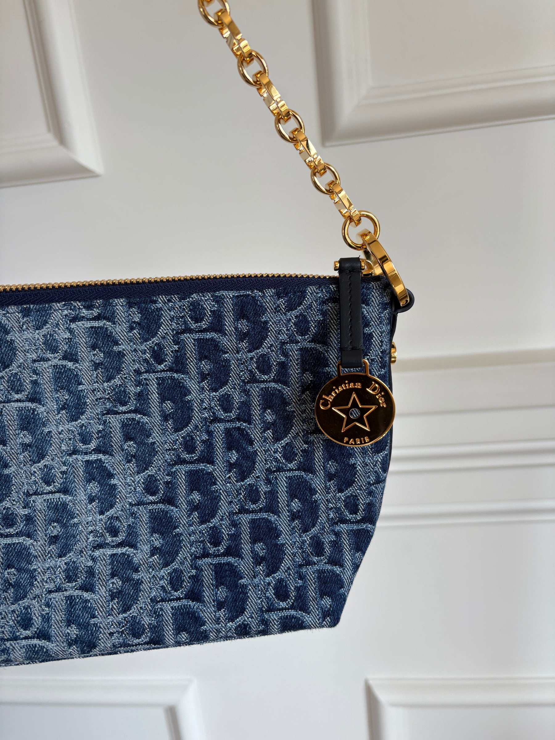 Dior Blue Denim Oblique Print Diorstar Hobo Bag with Chain