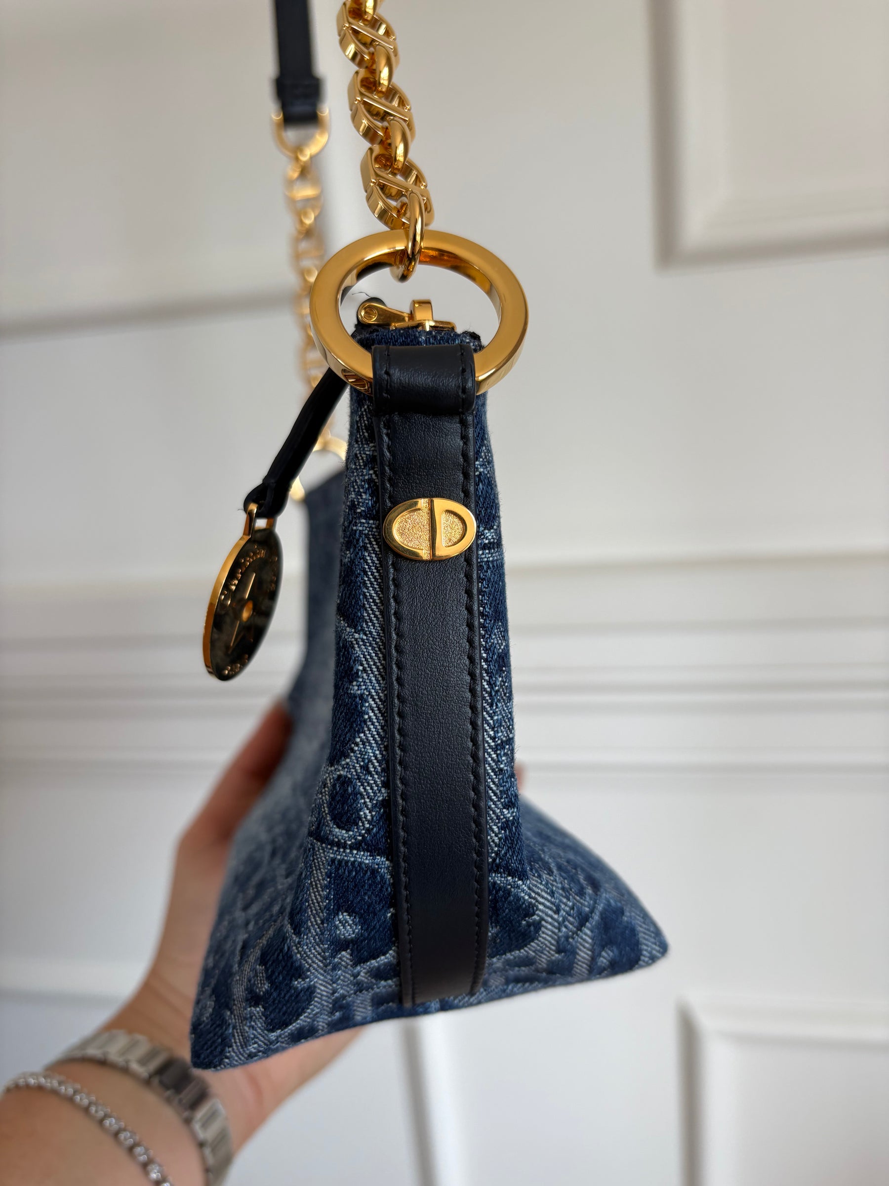 Dior Blue Denim Oblique Print Diorstar Hobo Bag with Chain