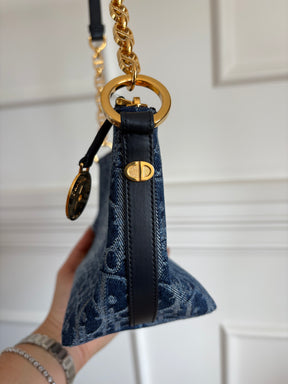 Dior Blue Denim Oblique Print Diorstar Hobo Bag with Chain