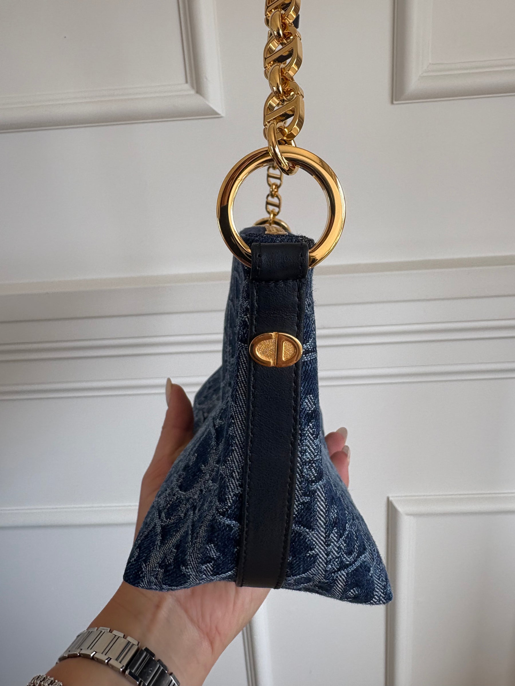 Dior Blue Denim Oblique Print Diorstar Hobo Bag with Chain