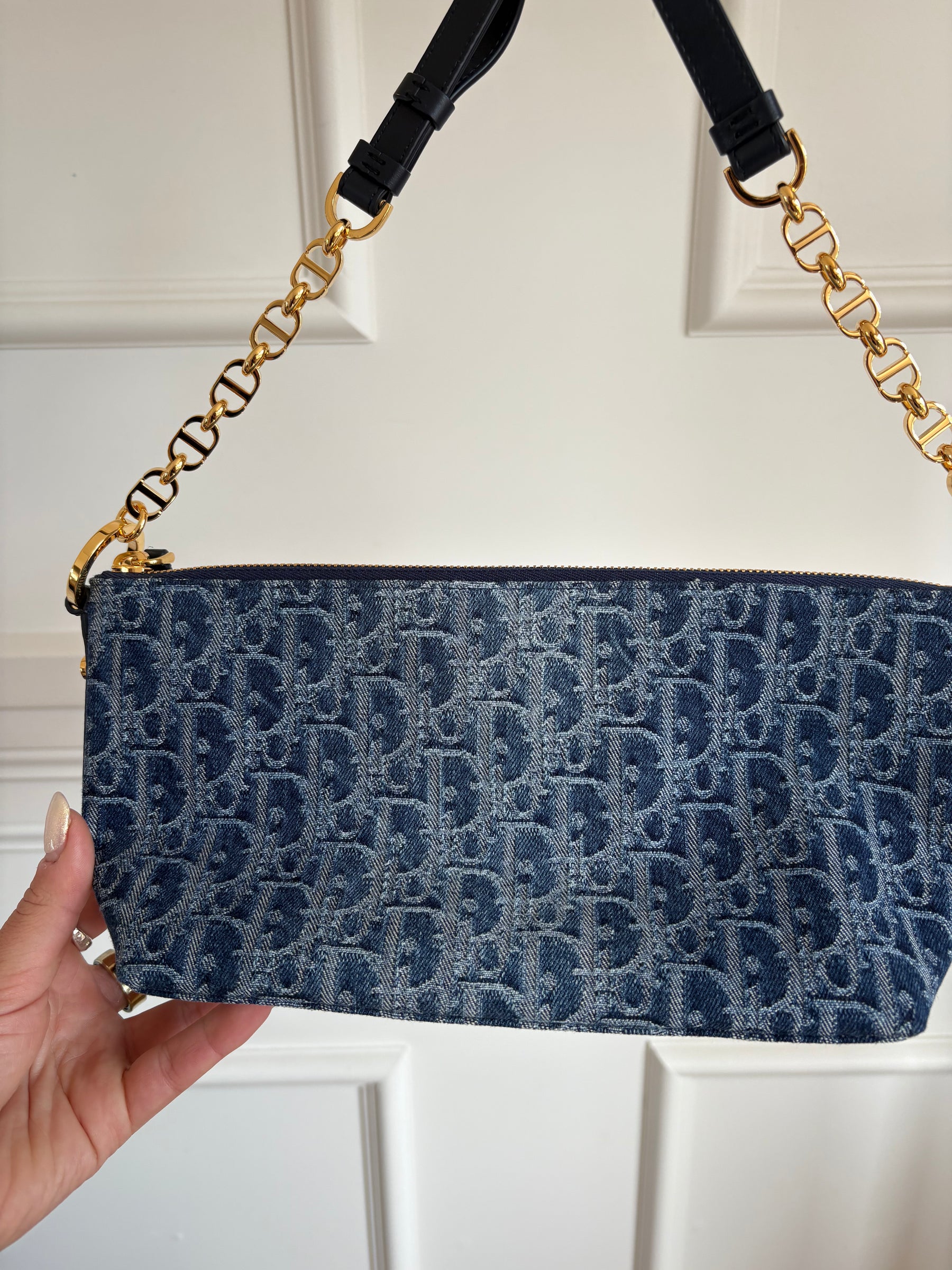 Dior Blue Denim Oblique Print Diorstar Hobo Bag with Chain