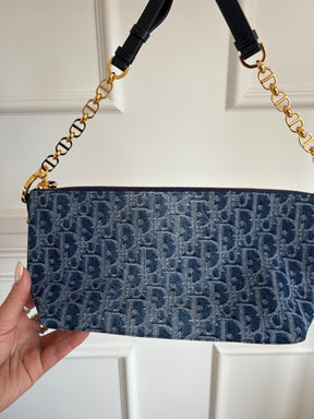 Dior Blue Denim Oblique Print Diorstar Hobo Bag with Chain