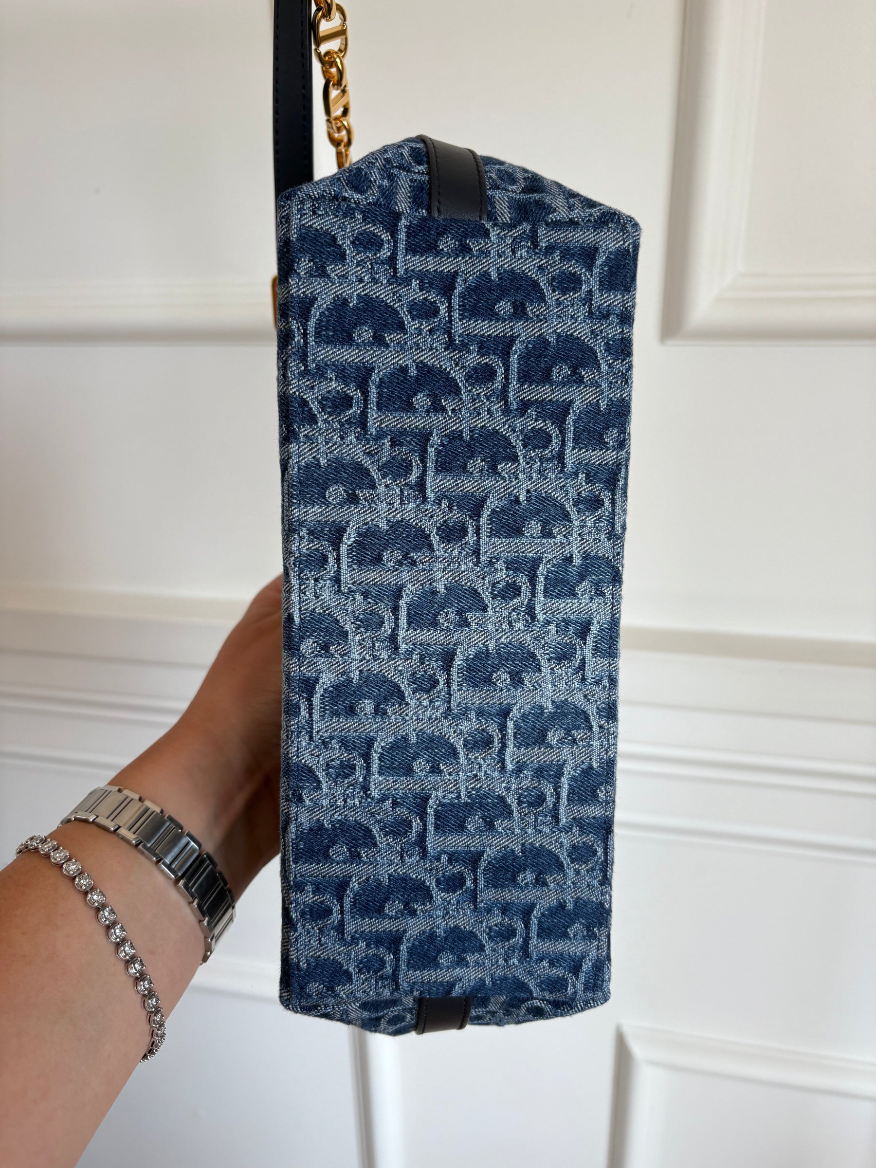 Dior Blue Denim Oblique Print Diorstar Hobo Bag with Chain