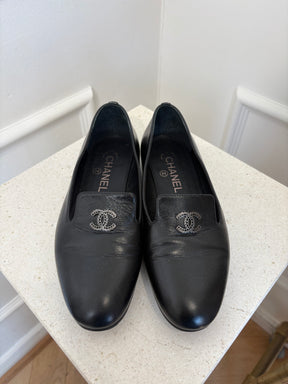 Chanel Black Leather Gunmetal Logo Flats, 36.5
