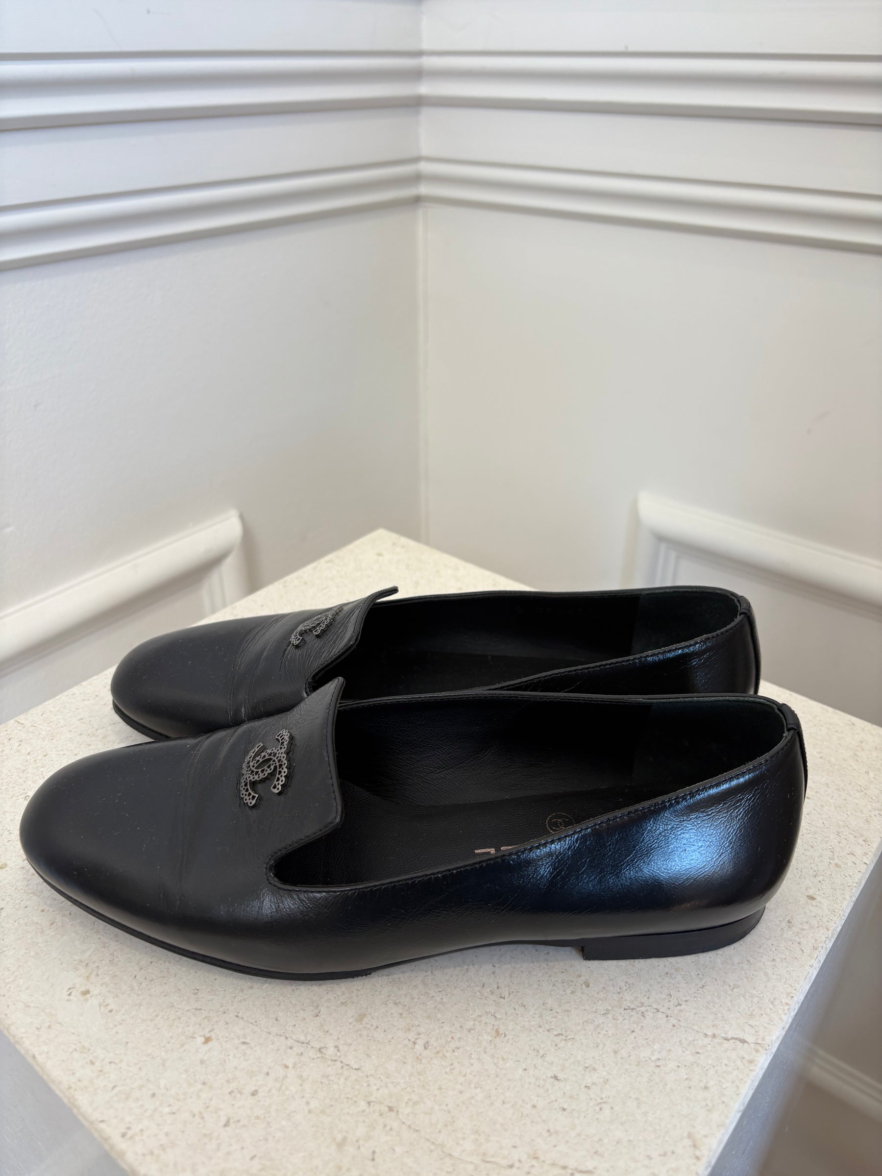 Chanel Black Leather Gunmetal Logo Flats, 36.5