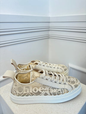 Chloé Beige Lace Logo Sneakers, 41