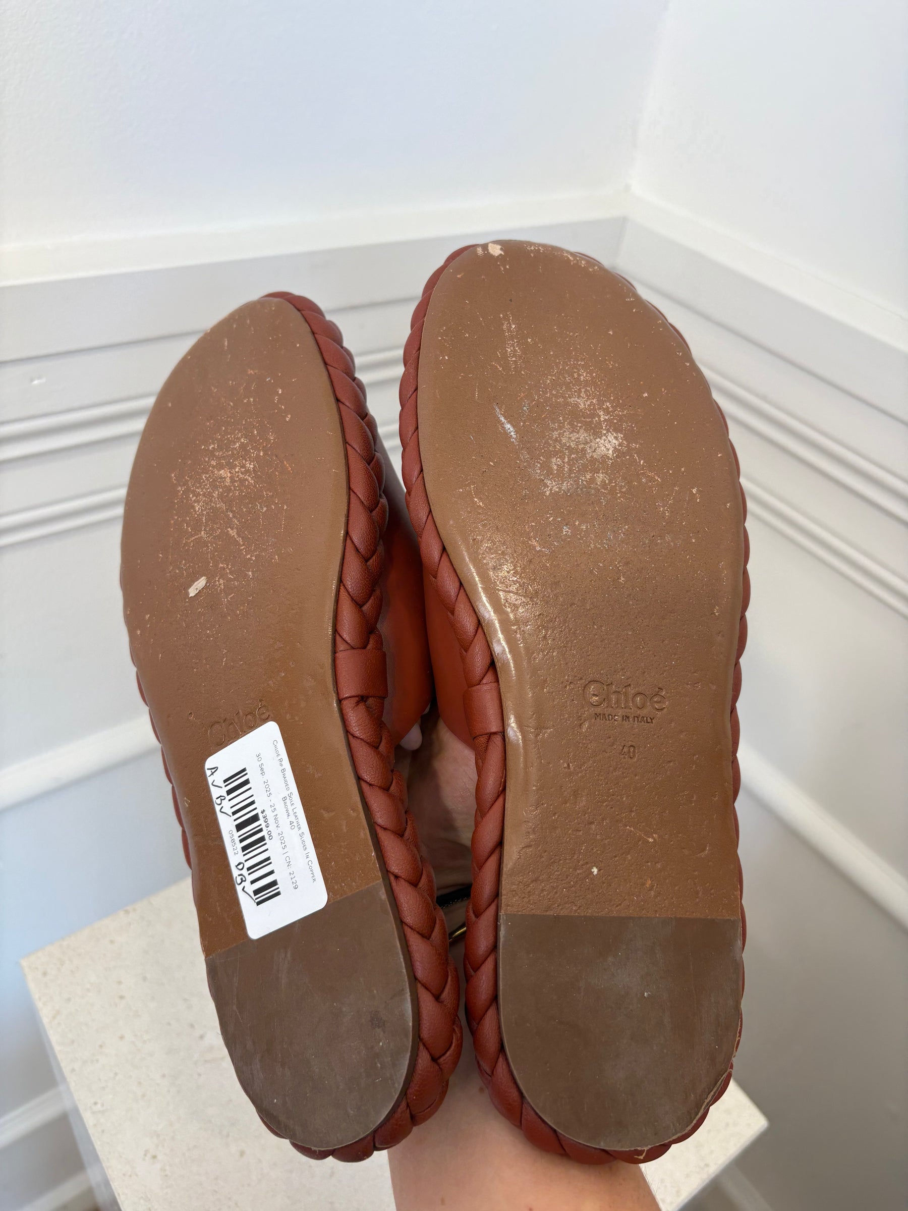 Chloé Pip Braided Sole Leather Slides In Copper Brown, 40