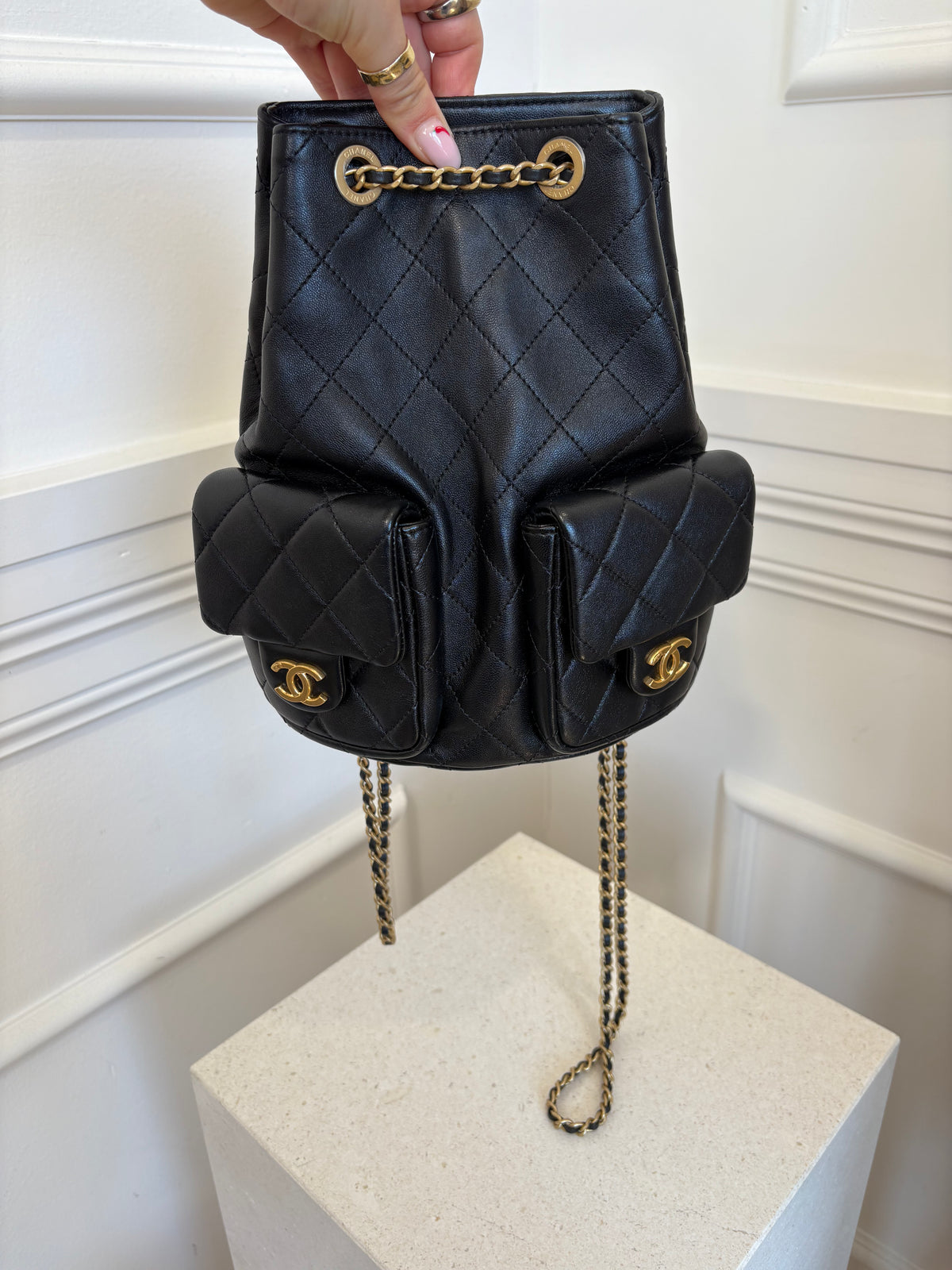 Chanel Black Lambskin Leather Double Pocket Back Pack