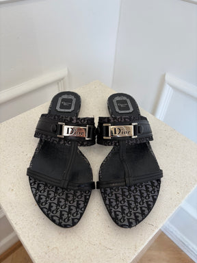Dior Black Metallic Leather Silver Logo Slides, 40