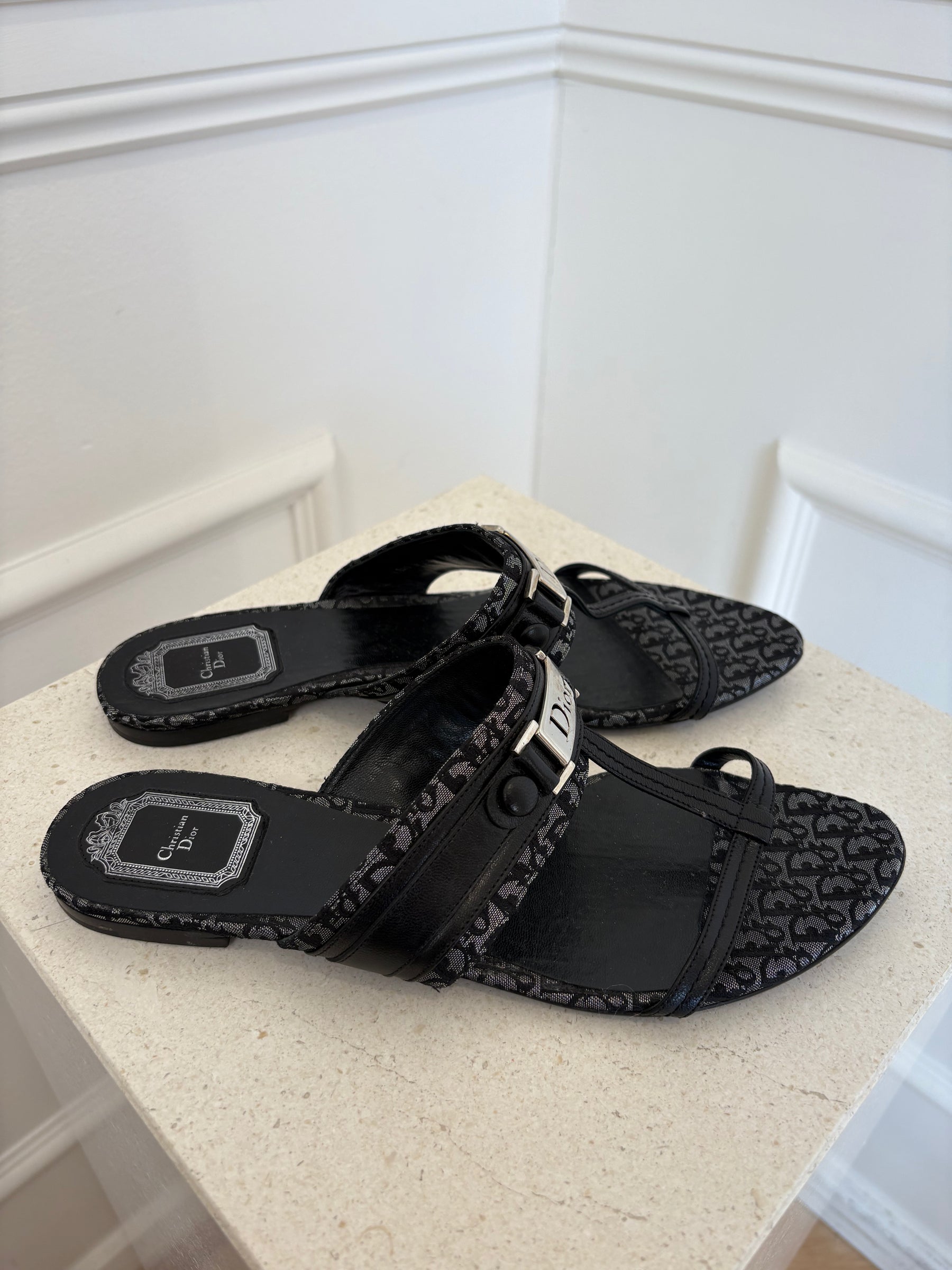 Dior Black Metallic Leather Silver Logo Slides, 40