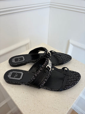 Dior Black Metallic Leather Silver Logo Slides, 40