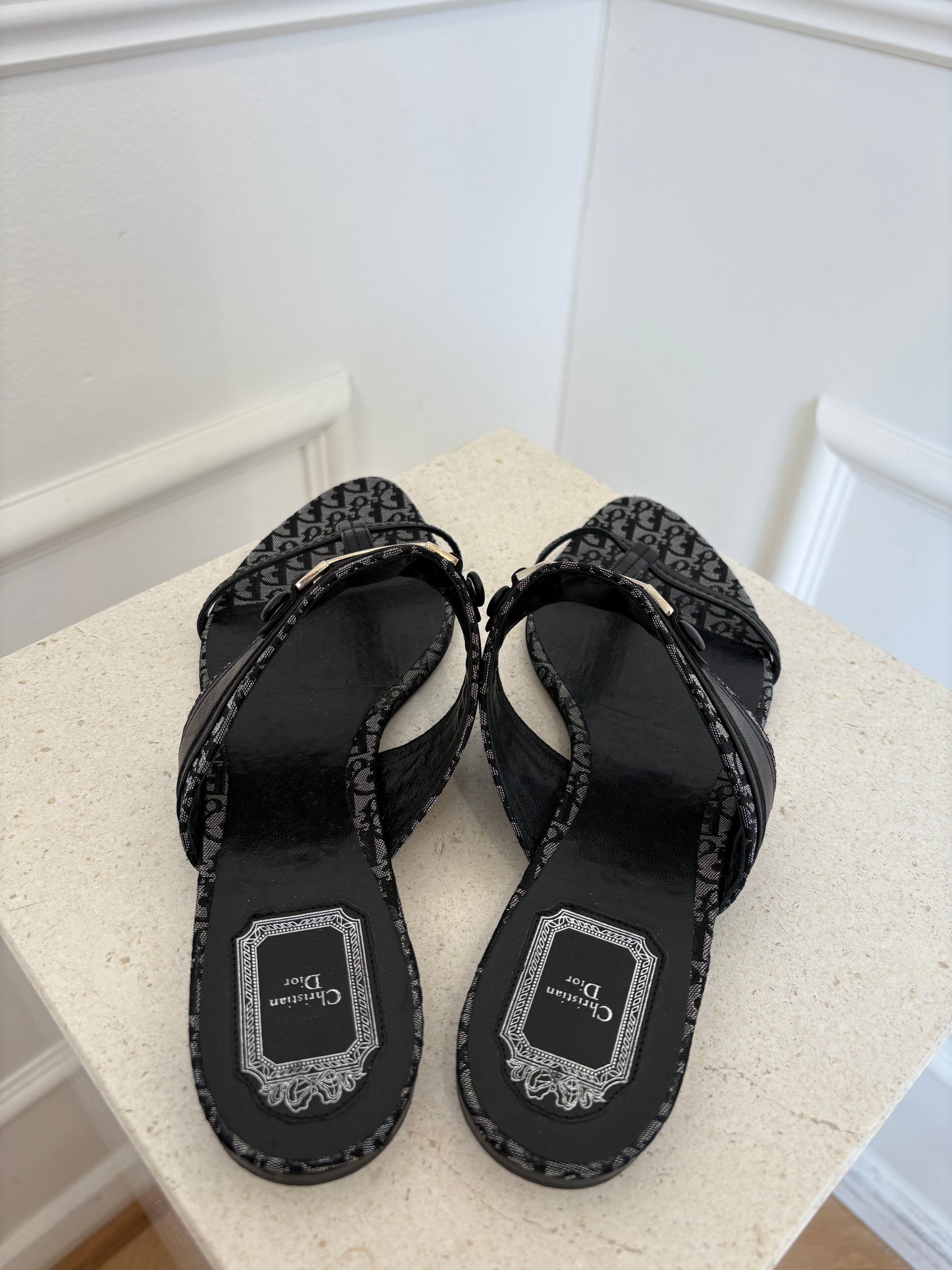 Dior Black Metallic Leather Silver Logo Slides, 40