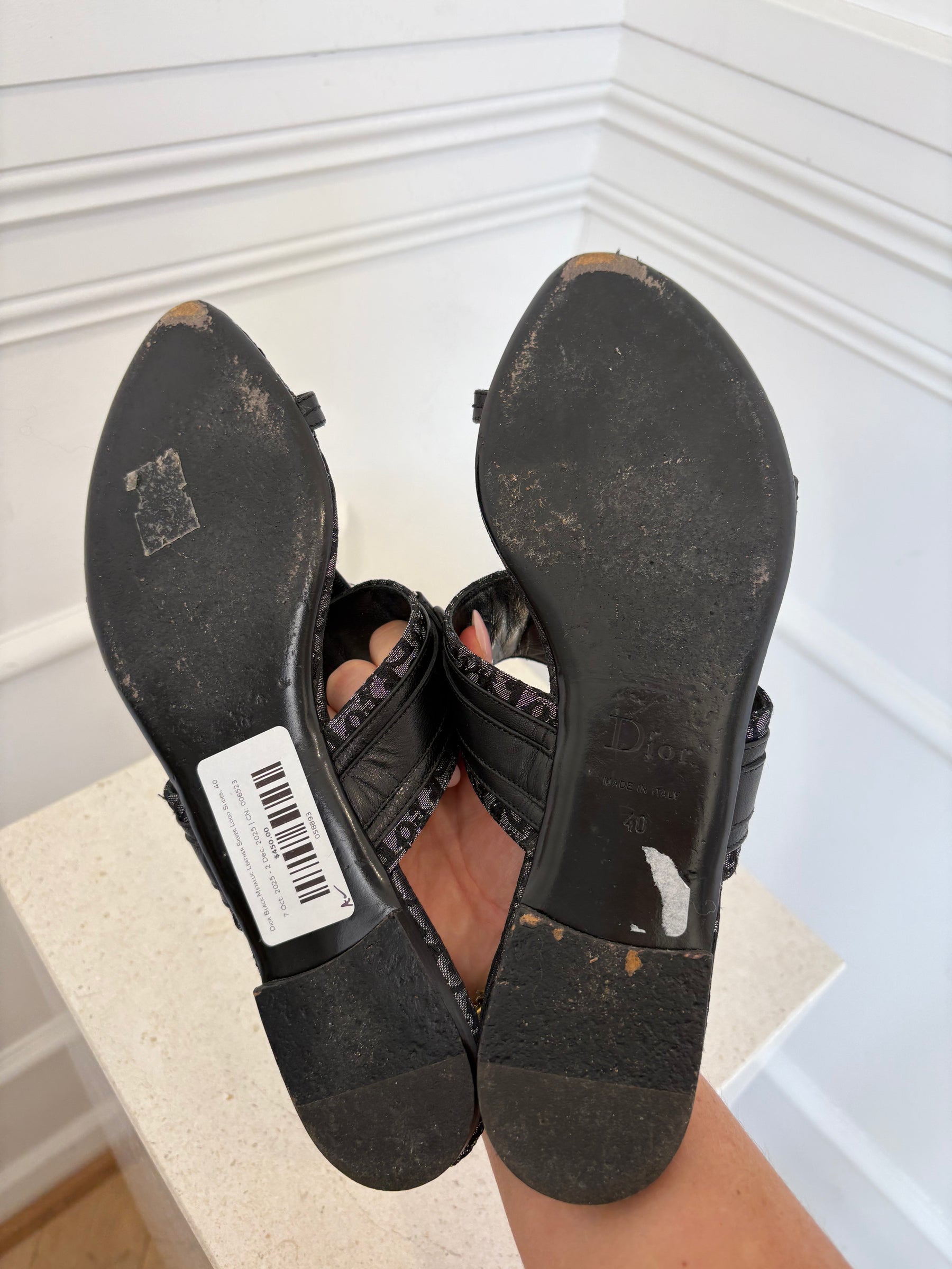 Dior Black Metallic Leather Silver Logo Slides, 40