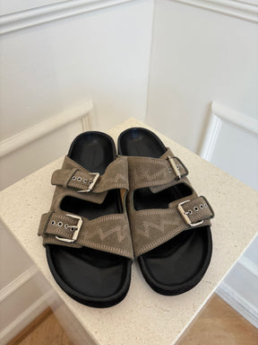 Isabel Marant Khaki Suede Emboridered Slides, 40