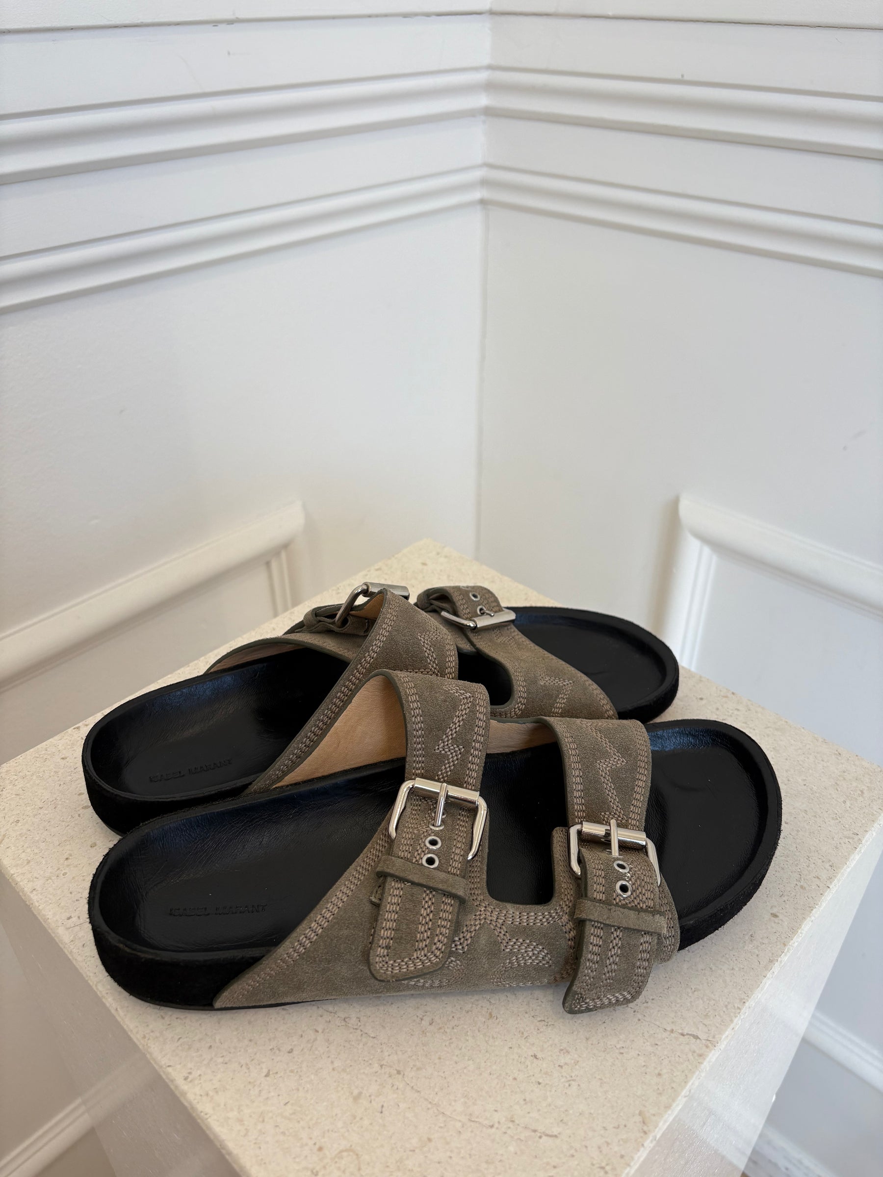 Isabel Marant Khaki Suede Emboridered Slides, 40