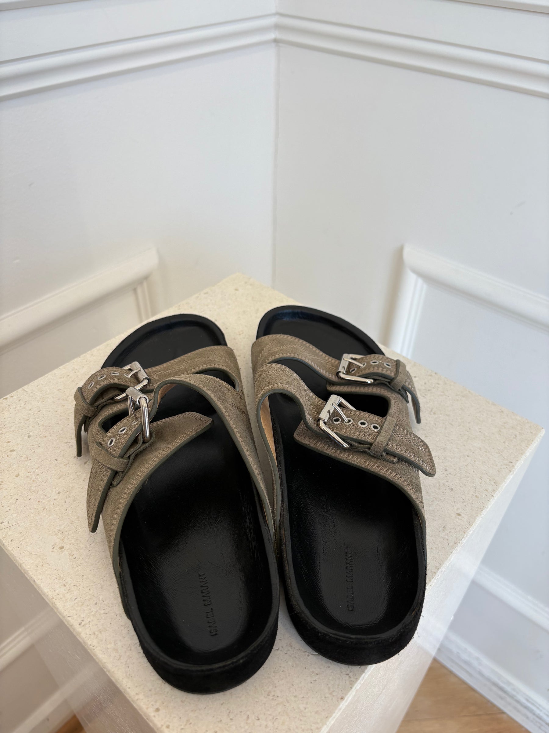 Isabel Marant Khaki Suede Emboridered Slides, 40