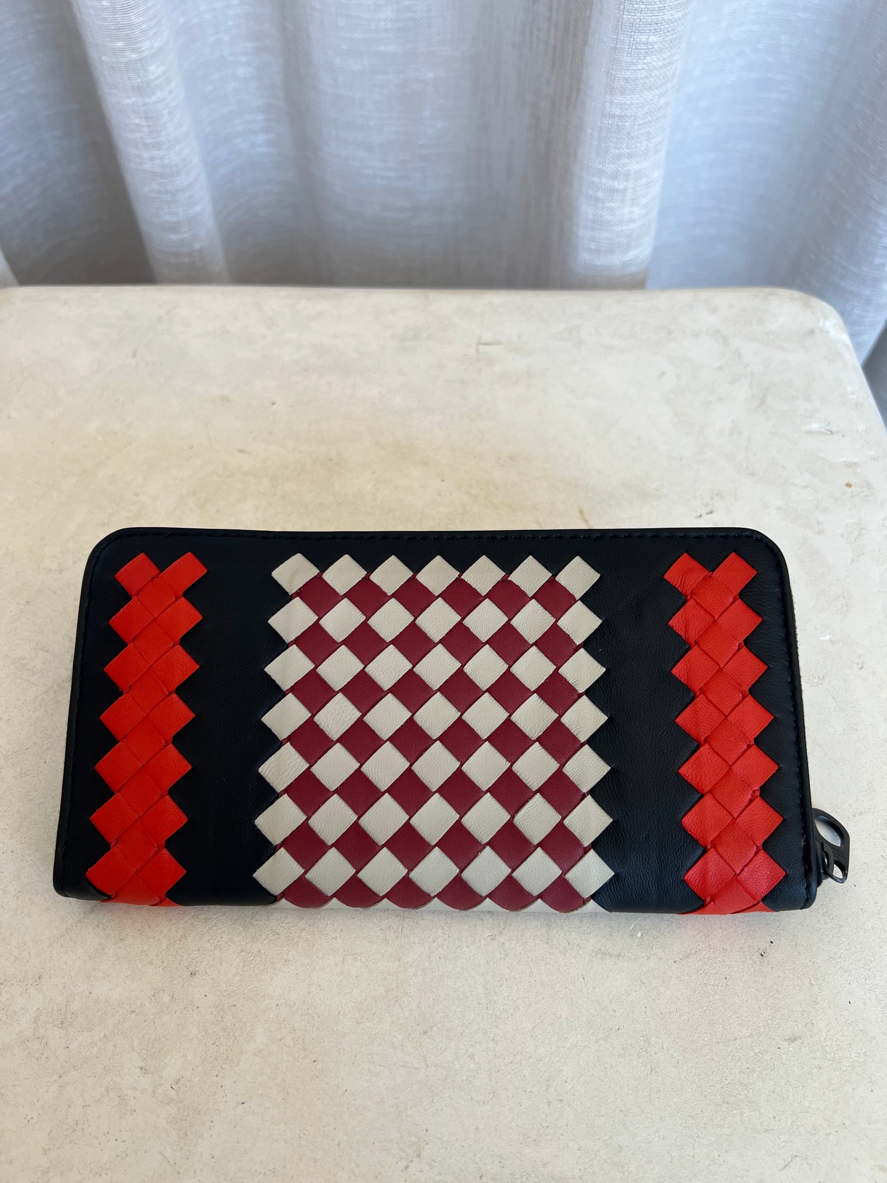 Bottega Venetta Intrecciato Long Wallet Black Red In Leather
