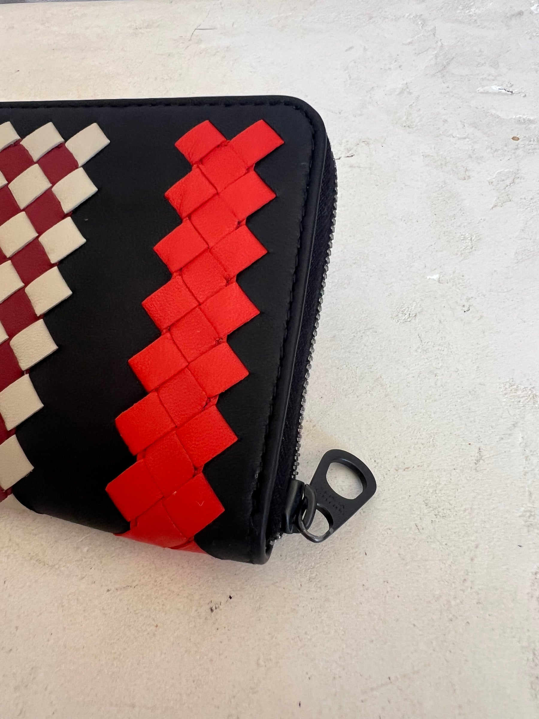 Bottega Venetta Intrecciato Long Wallet Black Red In Leather