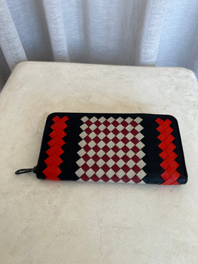 Bottega Venetta Intrecciato Long Wallet Black Red In Leather