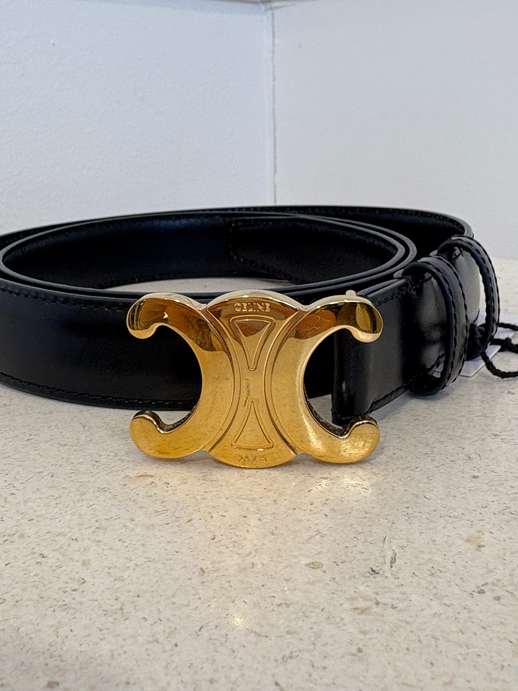 Celine Black Leather Triomphe Belt, 90