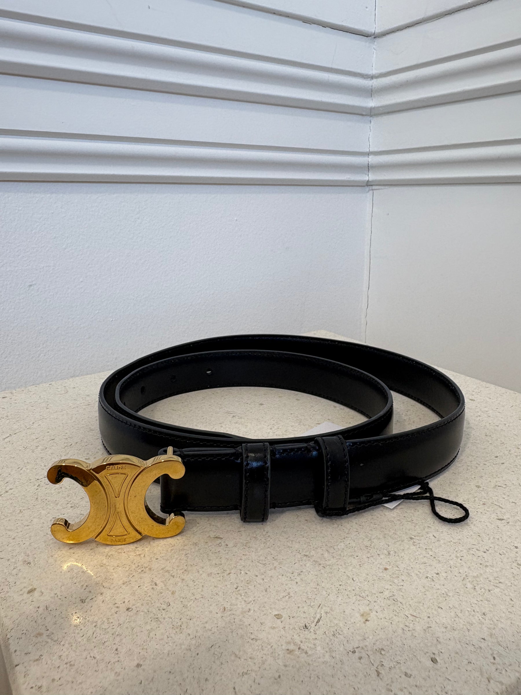 Celine Black Leather Triomphe Belt, 90